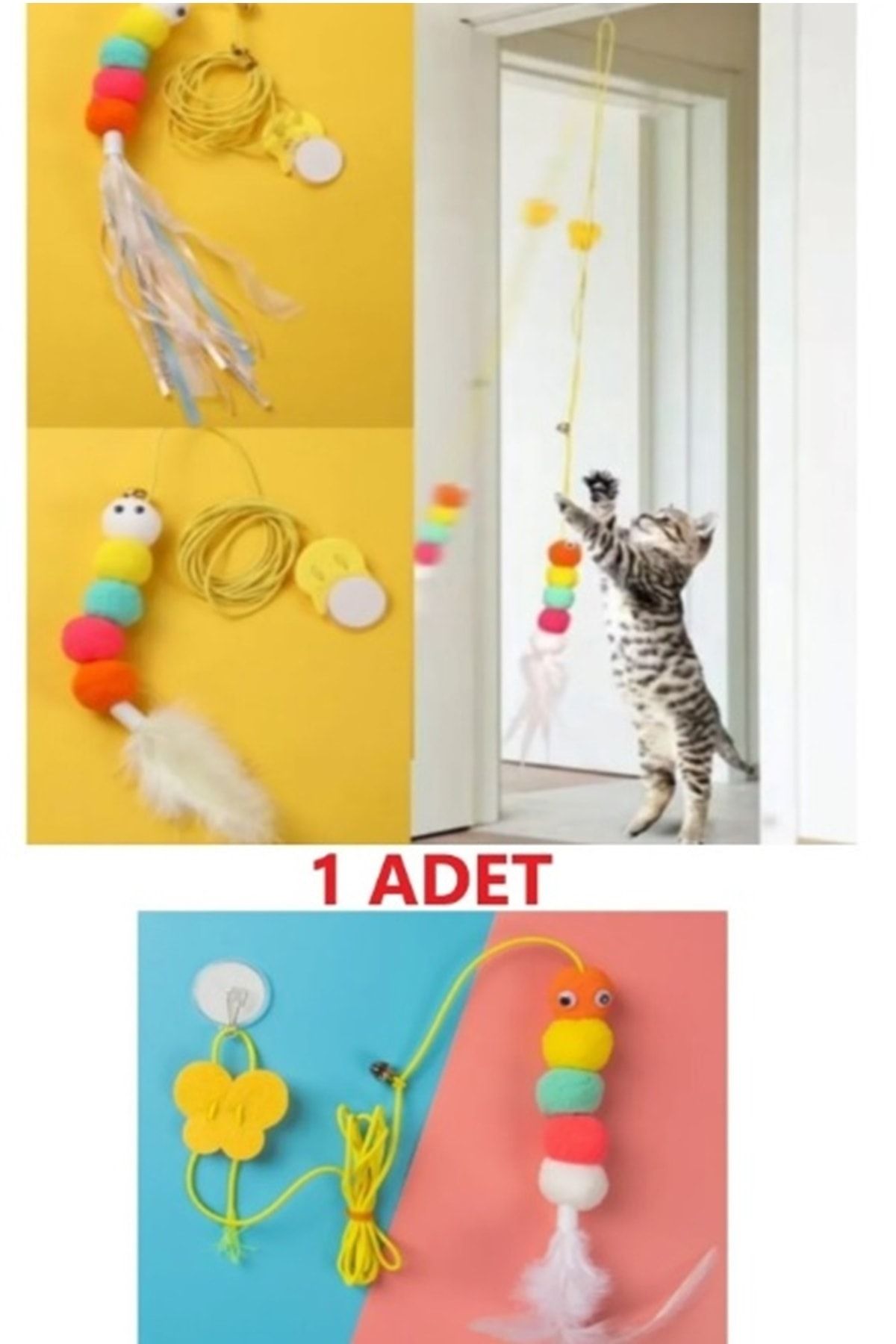 İndirimKap Elastik Kendinden Yapışkanlı Renkli Kedi Oyun Oltası Kedi Oyuncağı Yapışkanlı Olta Eğitim Oyuncağı