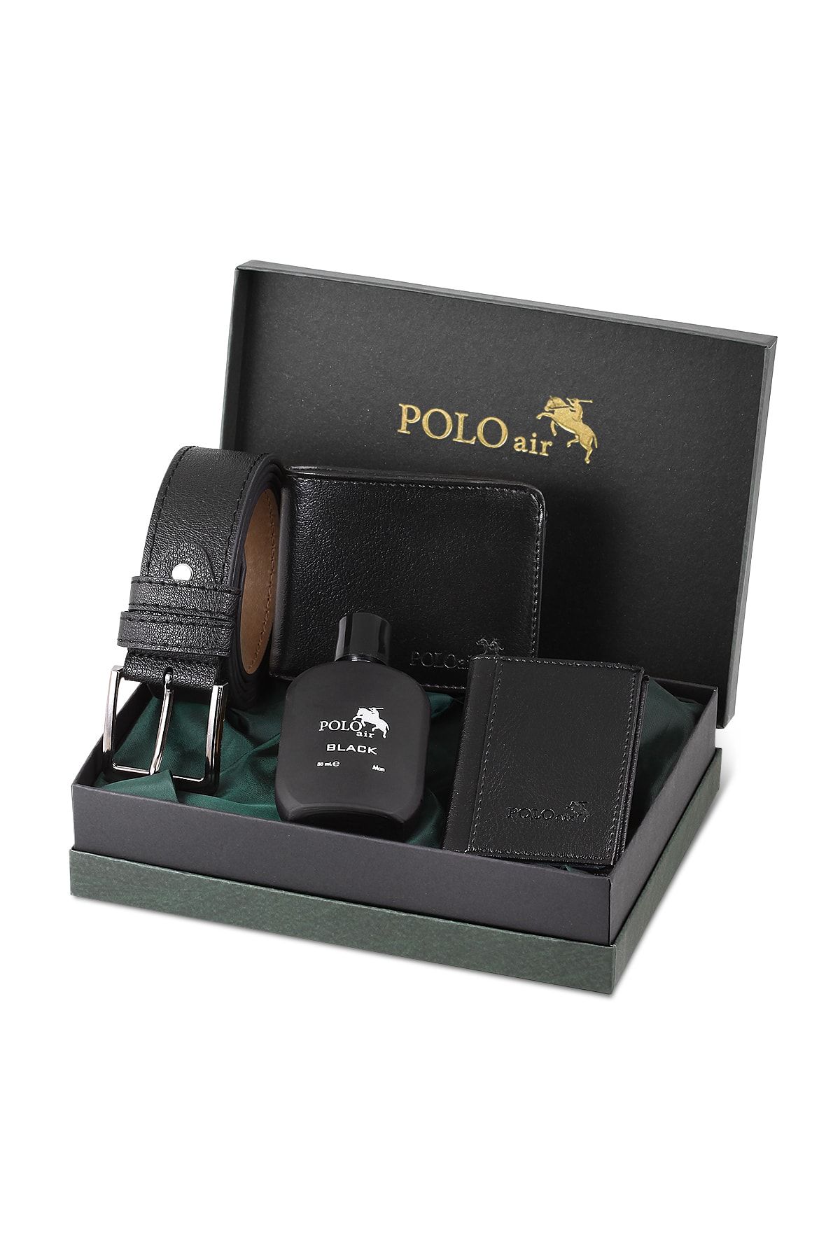 polo air Kutulu Klasik Erkek Cüzdan Kemer Kartlık Parfüm Seti Siyah
