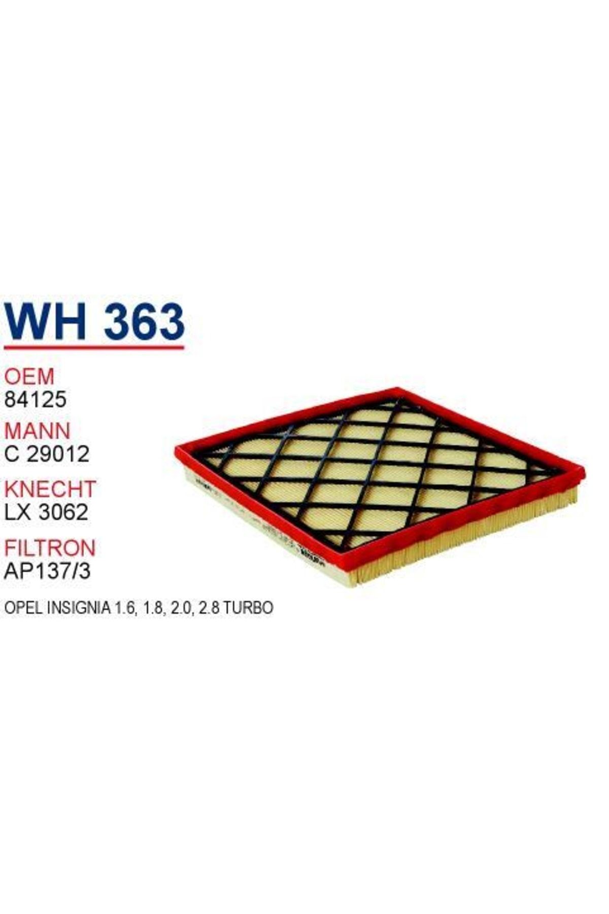 WUNDER 834125 Hava Filtresi Insignia1.6 - 1.8 - 2.0 - 2.8 Turbo