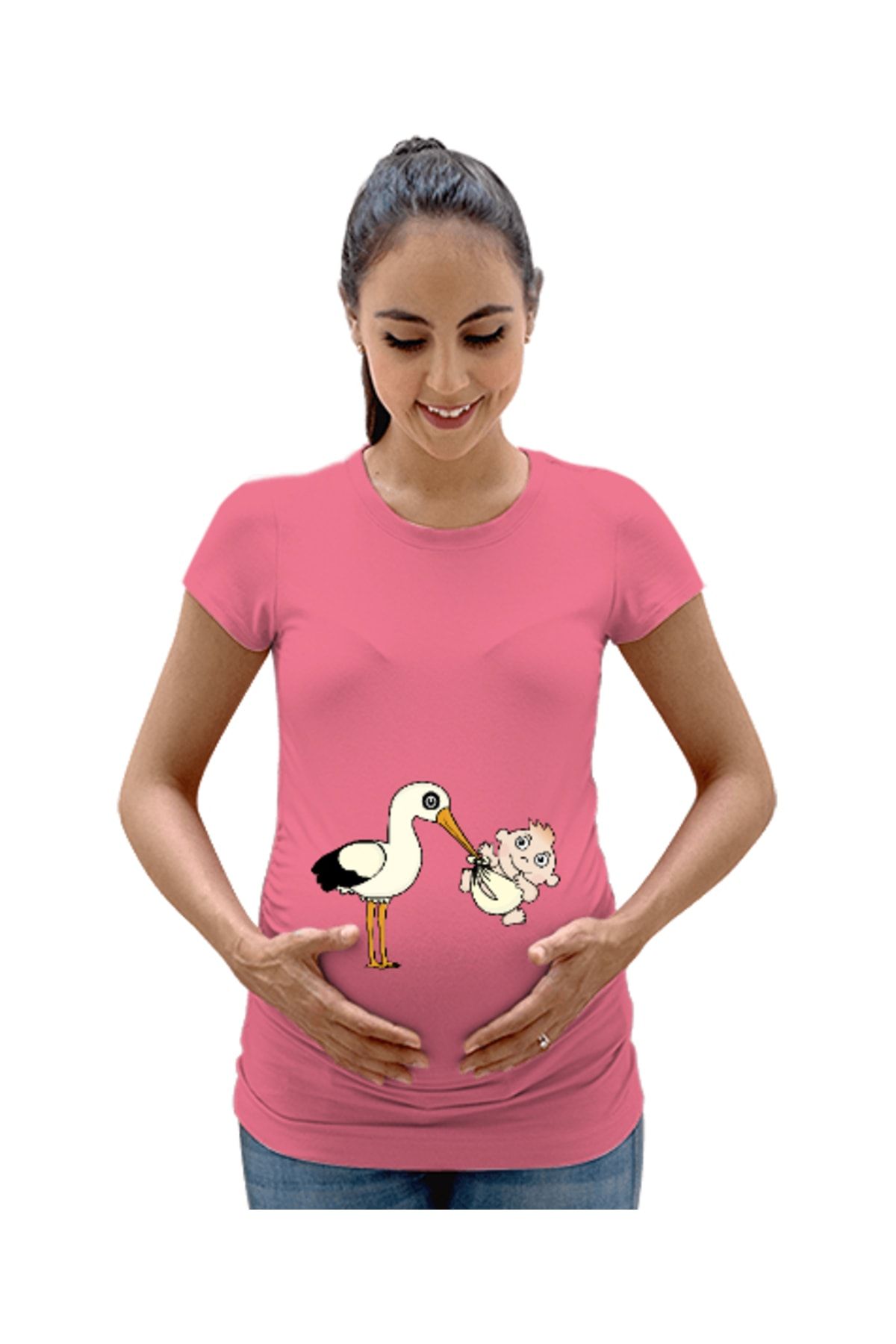 Tisho Bebekli Leylek Pembe Kadın Hamile Tişört