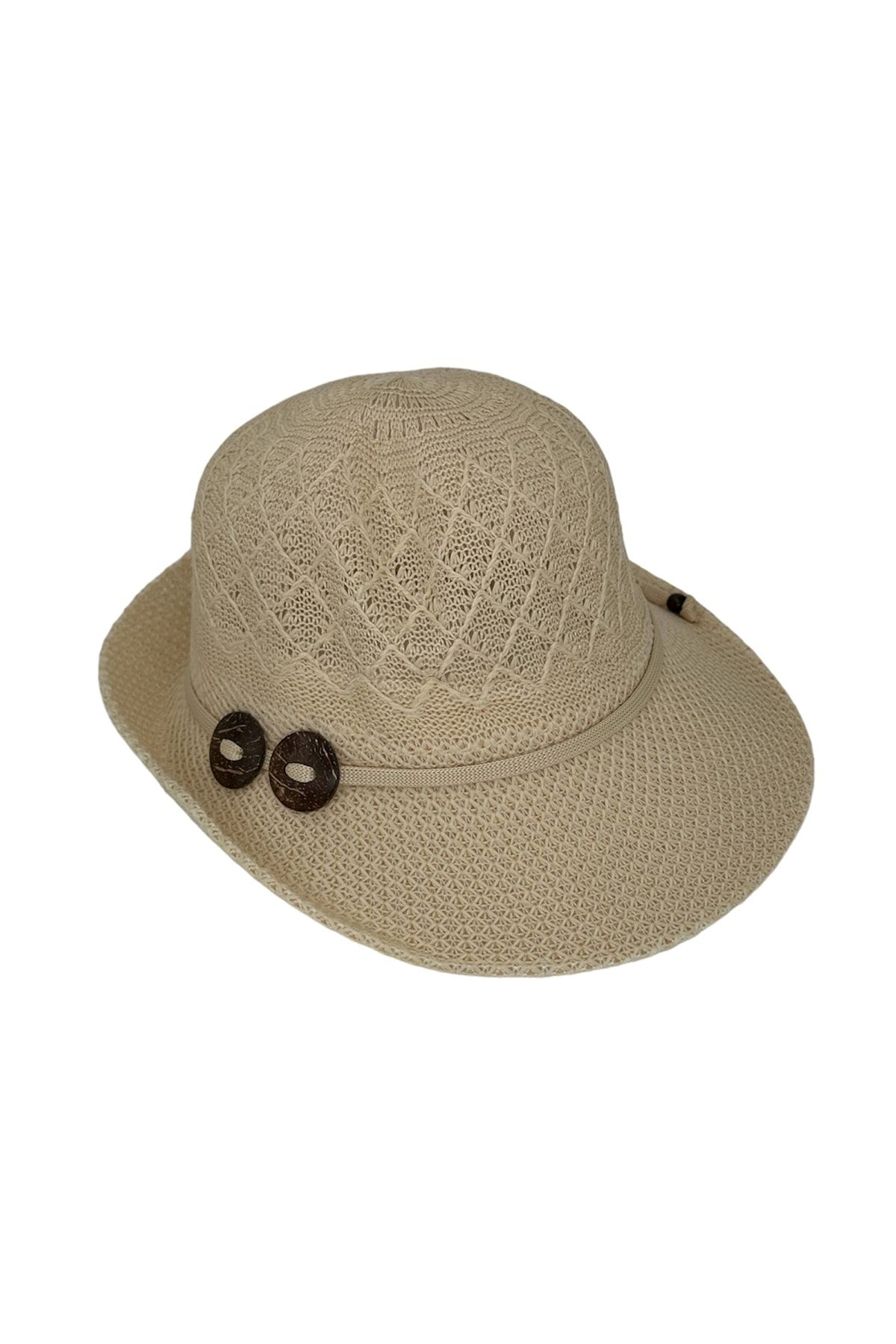 Beoje Kadın Şapkası Hasır Desenli Ahşap Fiyonk Model Akdsp-0052