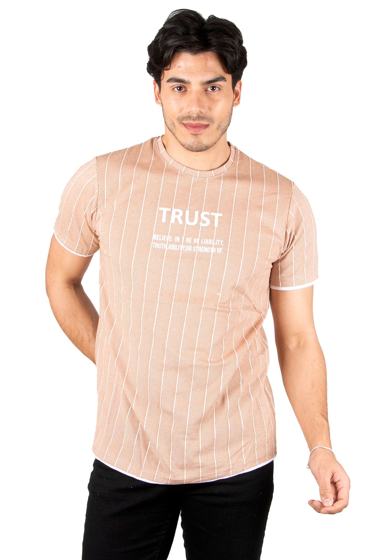 DeepSea Erkek Bej Kolları Ve Eteği Parça Detaylı Çizgi Desenli Yazı Baskılı Tişört 2300258