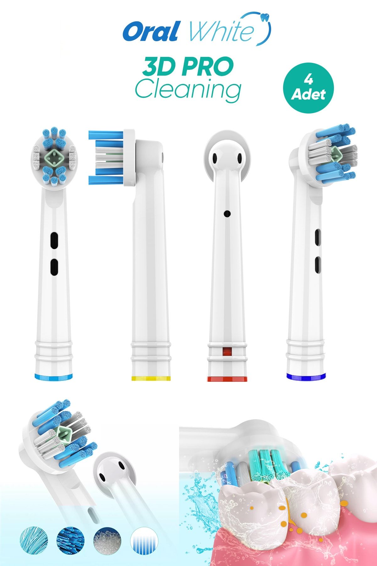 Oral White 3 D Pro Cleaning Beyazlatma Teknolojisi Oral-b Uyumlu 4 Adet Yedek başlık