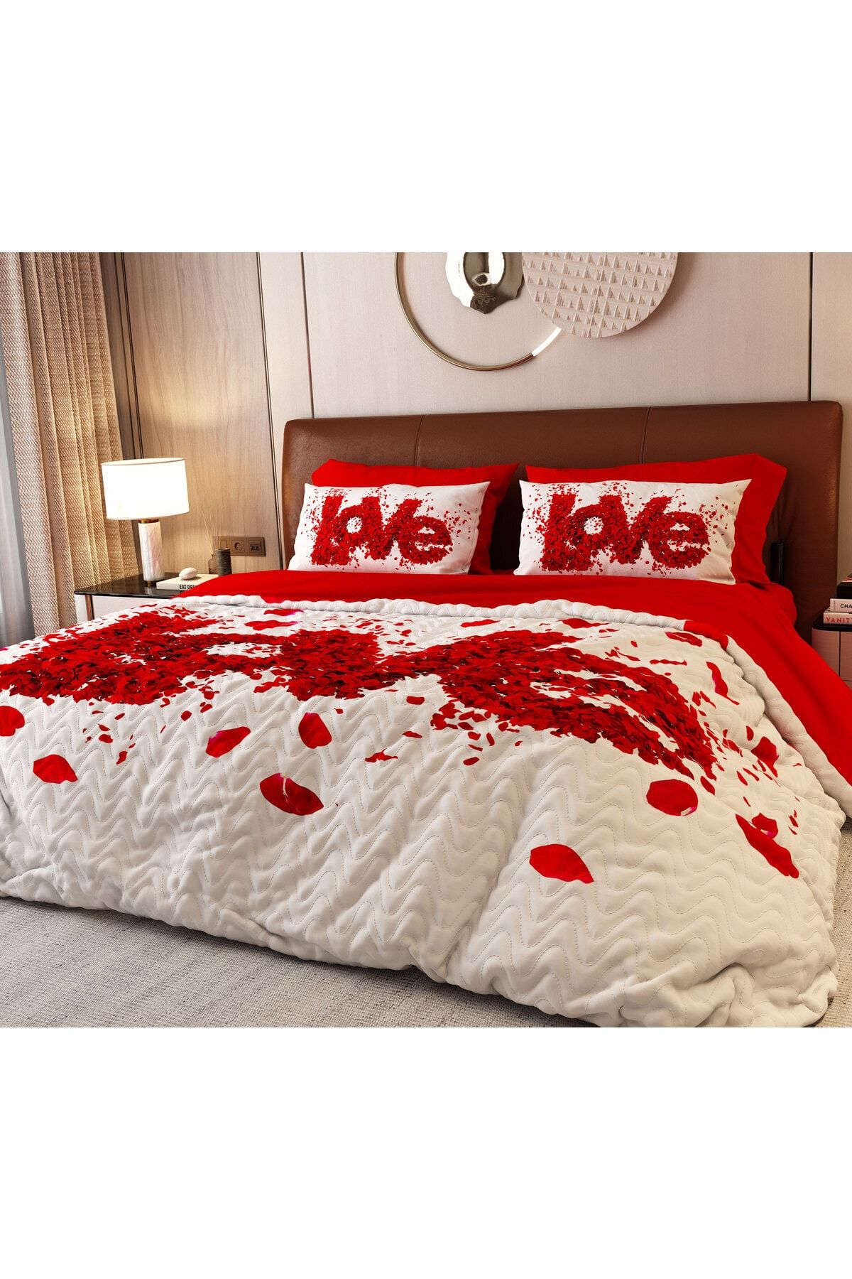 ALACA HOME COLLECTİON 6 Parça Kırmızı Love-2 Dört Mevsim Pike Takımı %100 Pamuk Saten