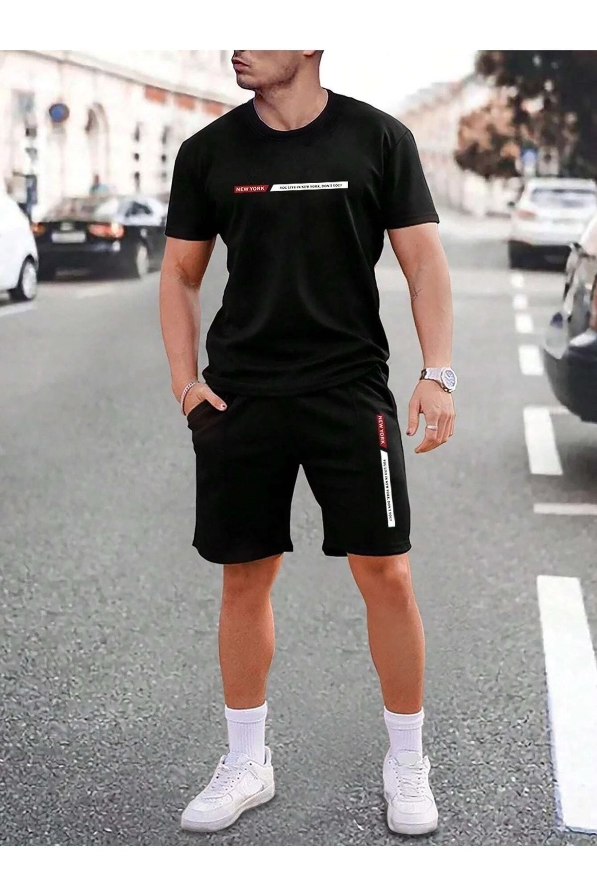 MODARİCH New York T-shirt Şort - Siyah Şortlu Tişört Alt Üst Takım Baskılı Oversize Bisiklet Yaka