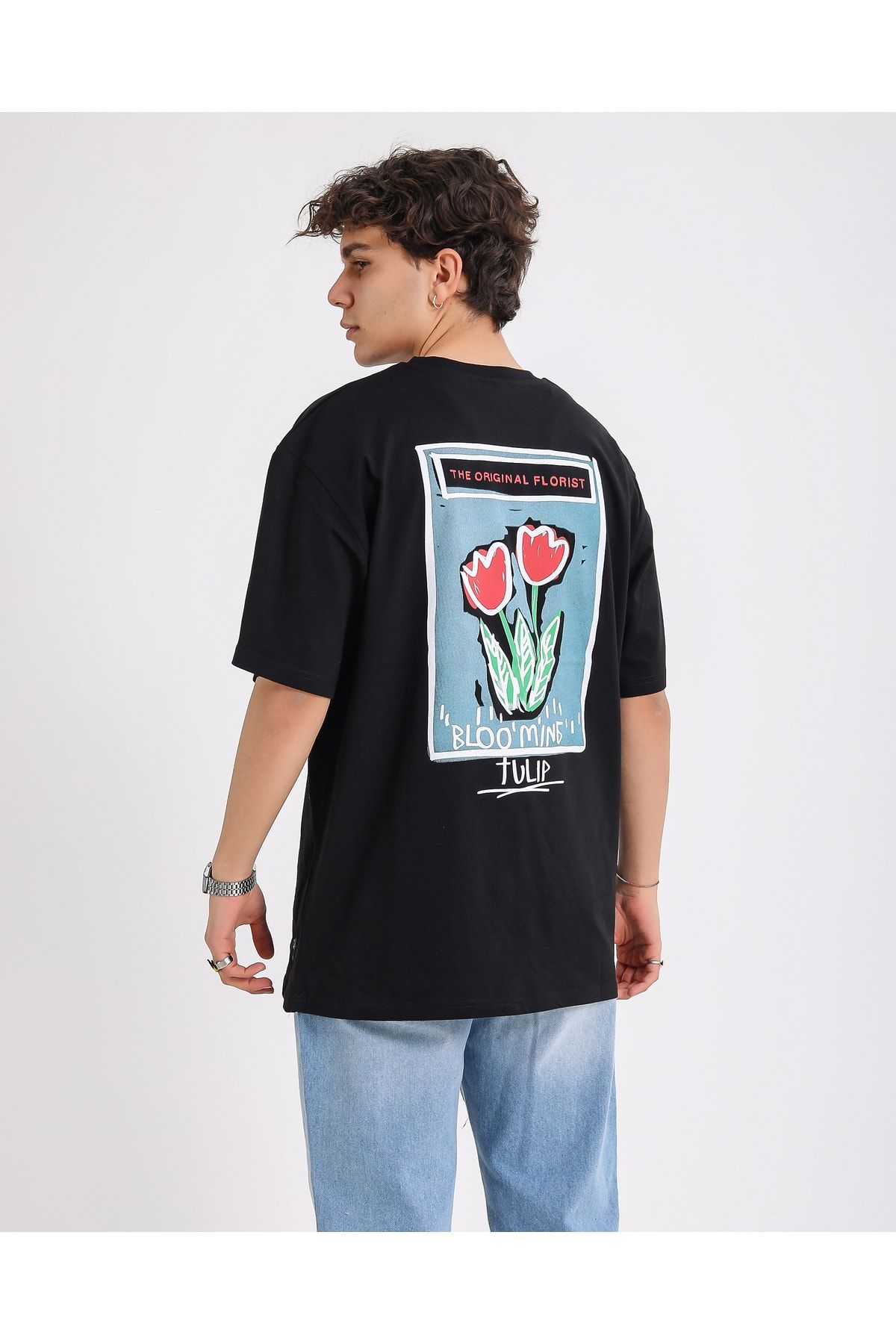Renkli Store BSC Oversize Blooming Tulip Ön Arka Baskılı Unisex T-Shirt - Siyah