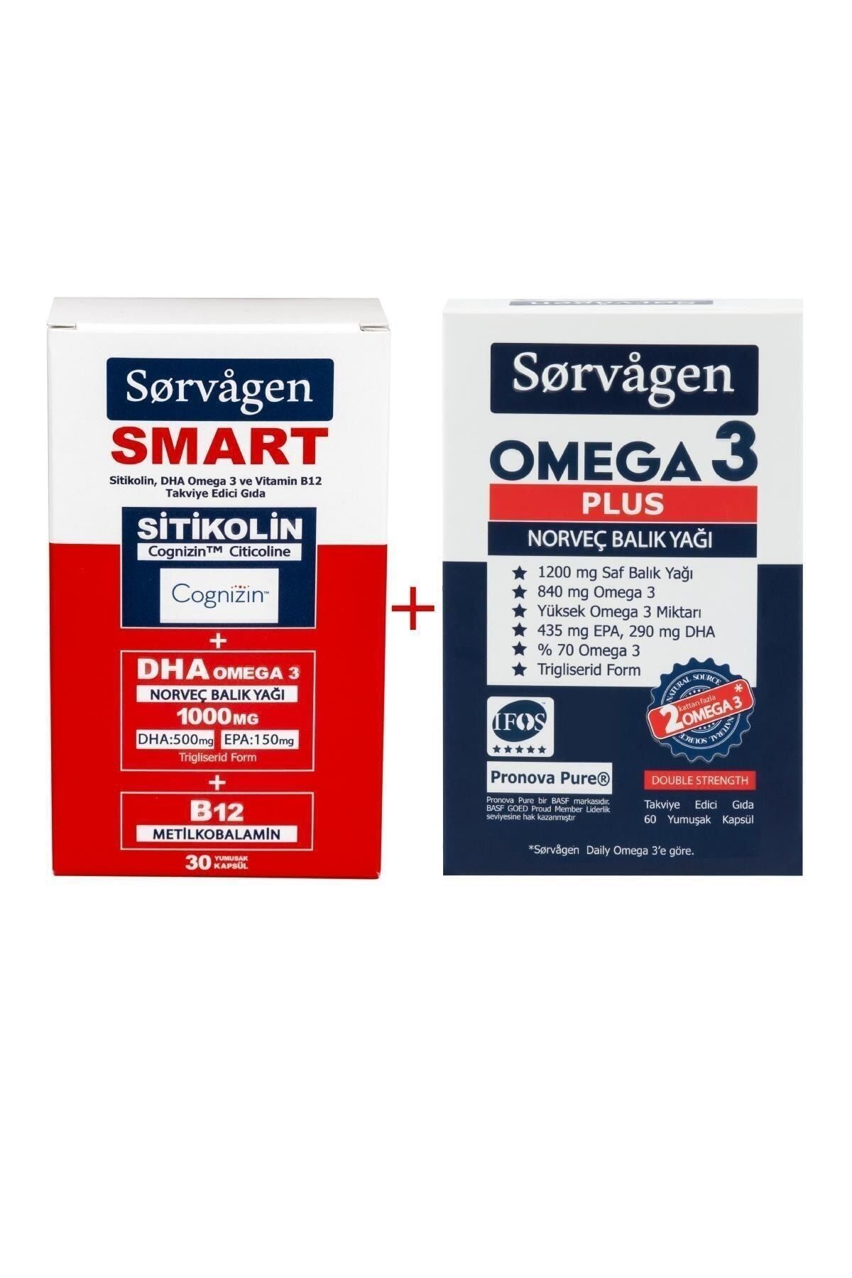 Sorvagen Smart Sitikolin, Dha Omega 3, B12 (30 Kapsül) + Omega 3 Plus Norveç Balık Yağı