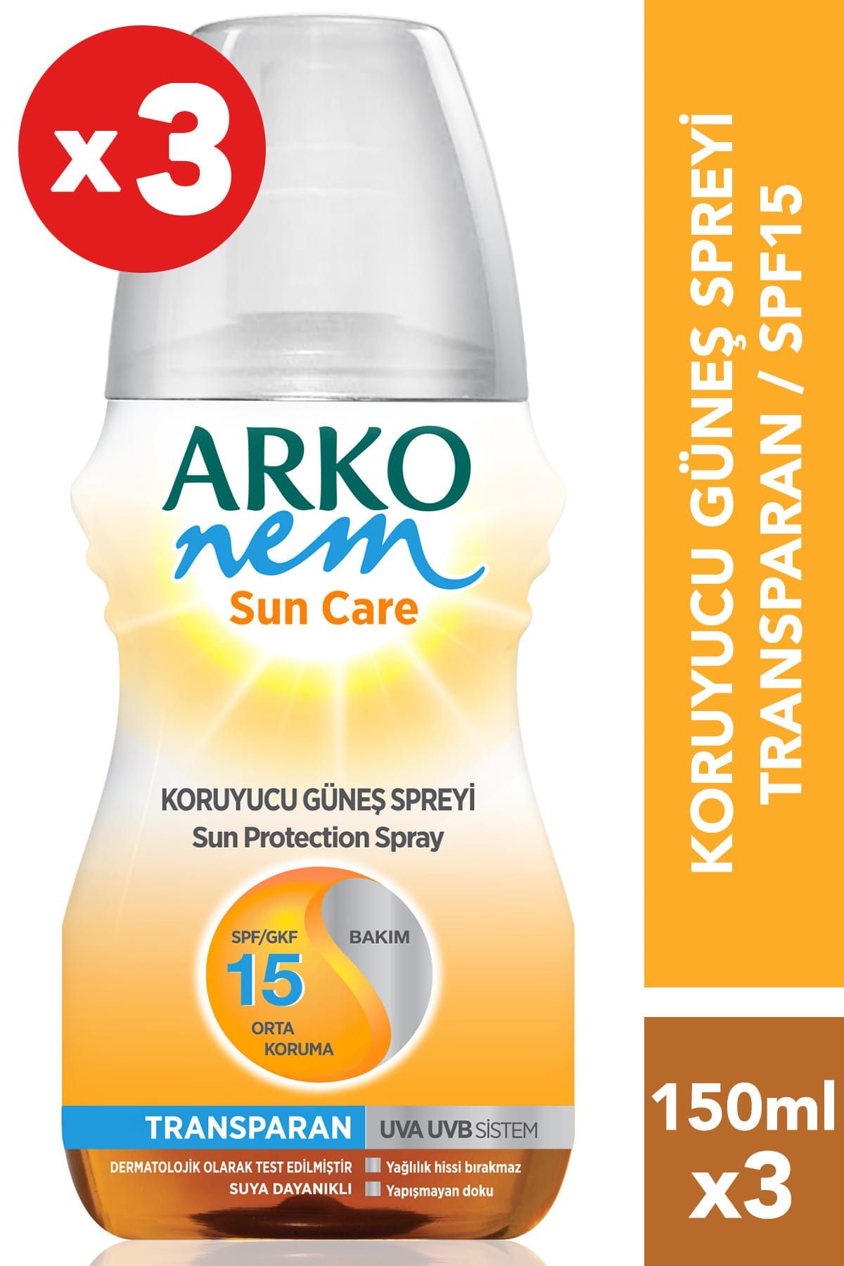 Arko Nem 3'Lü güneş Bakım Transparan Sprey Spf 15 3X150 ml