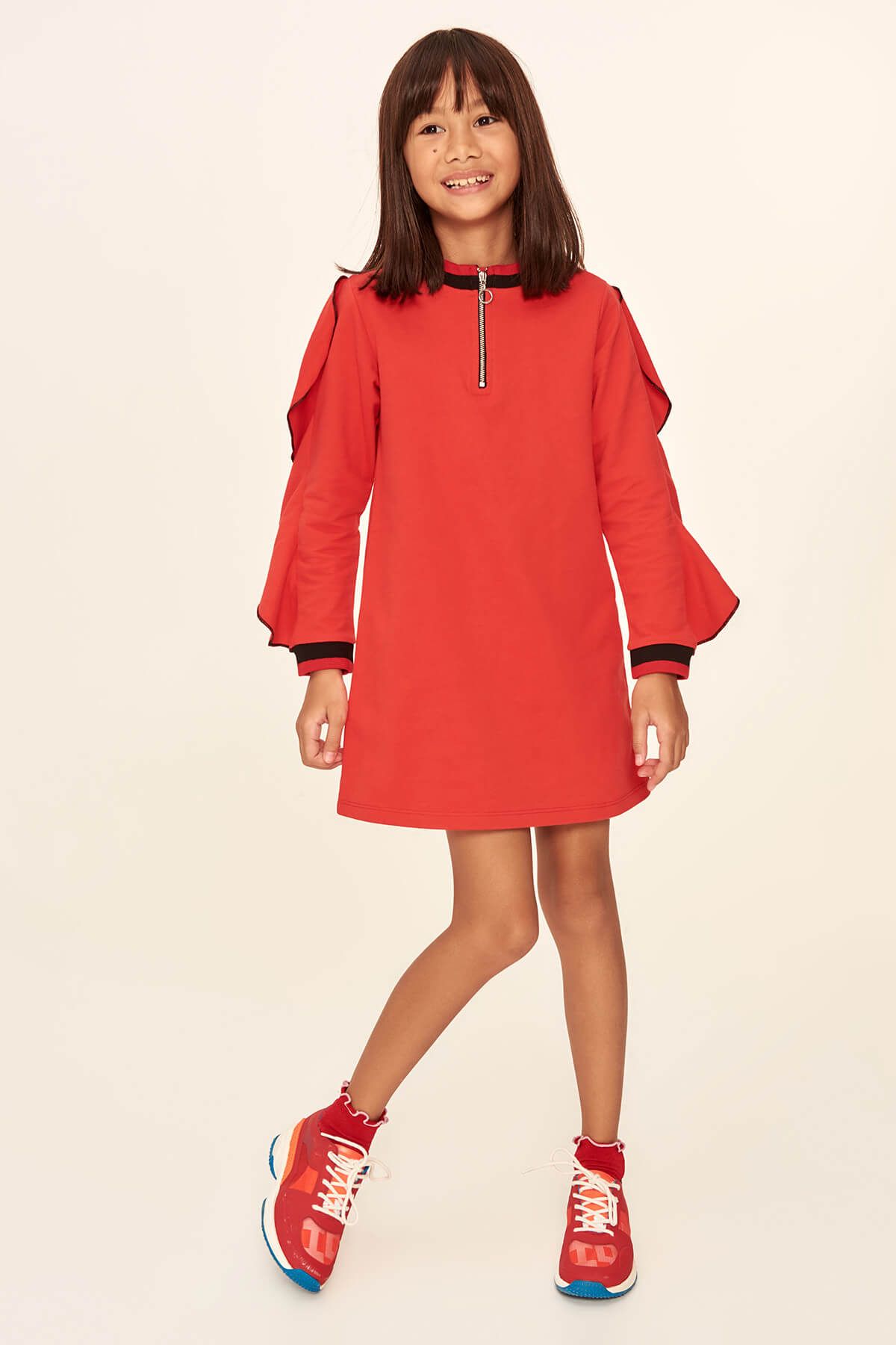 TRENDYOLKIDS Kırmızı Yakası Fermuarlı Kolları Ribanalı Kız Çocuk Elbise TKDAW19TF0026