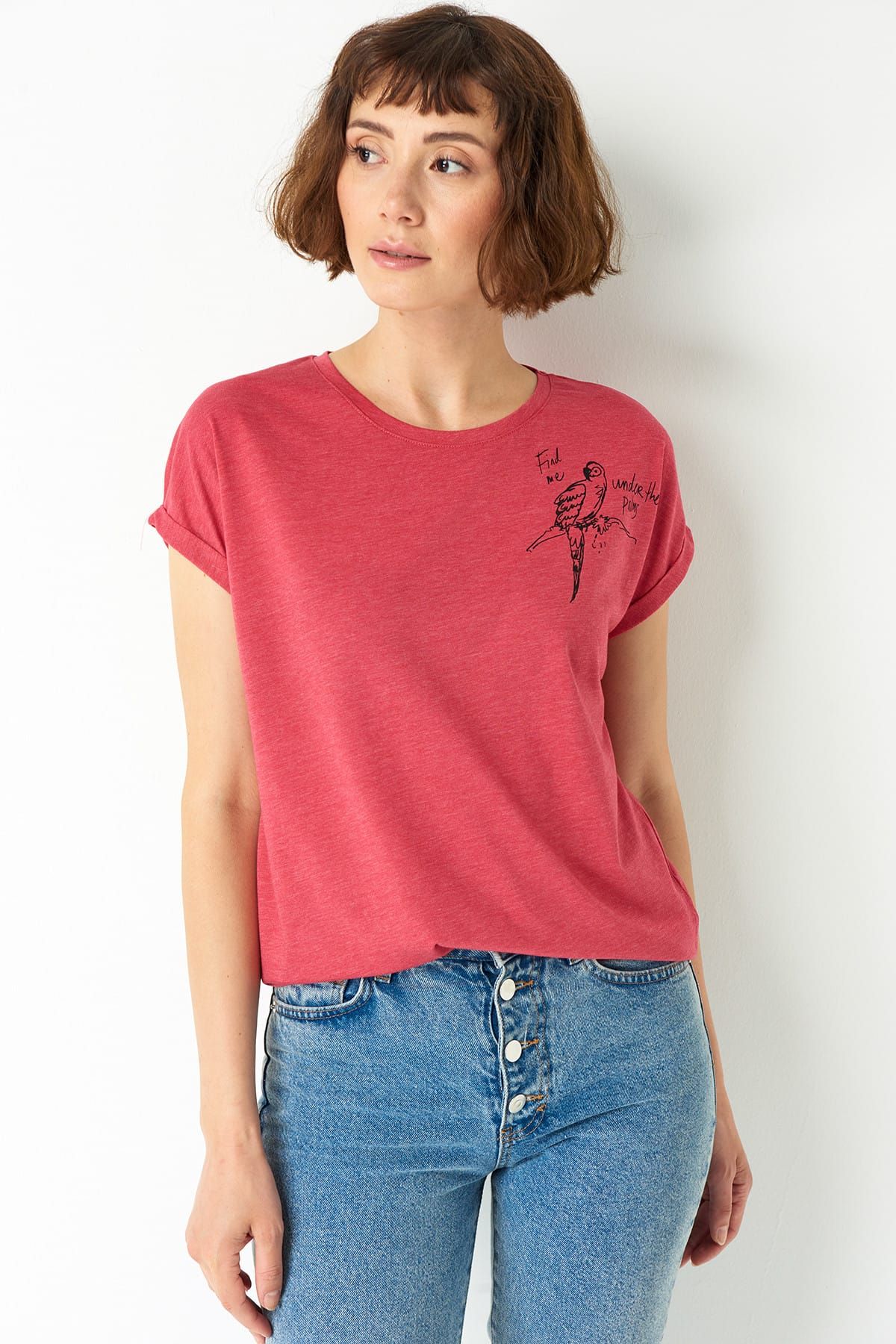 Mavi Kadın Papağan Baskılı T-shirt Yaz Kırmızı 167912-28805
