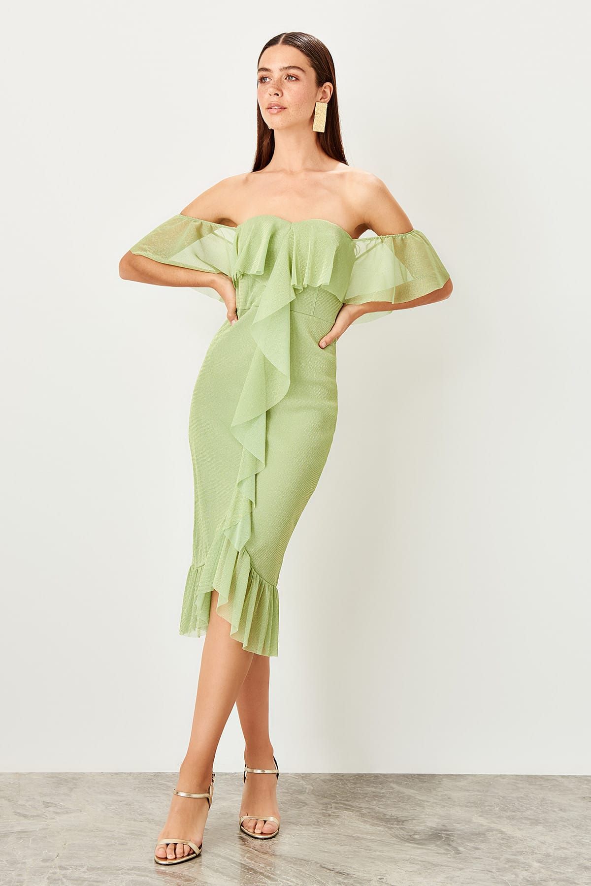 TRENDYOLMİLLA Yeşil Volan Detaylı Işıltılı Elbise TPRSS19FZ0289