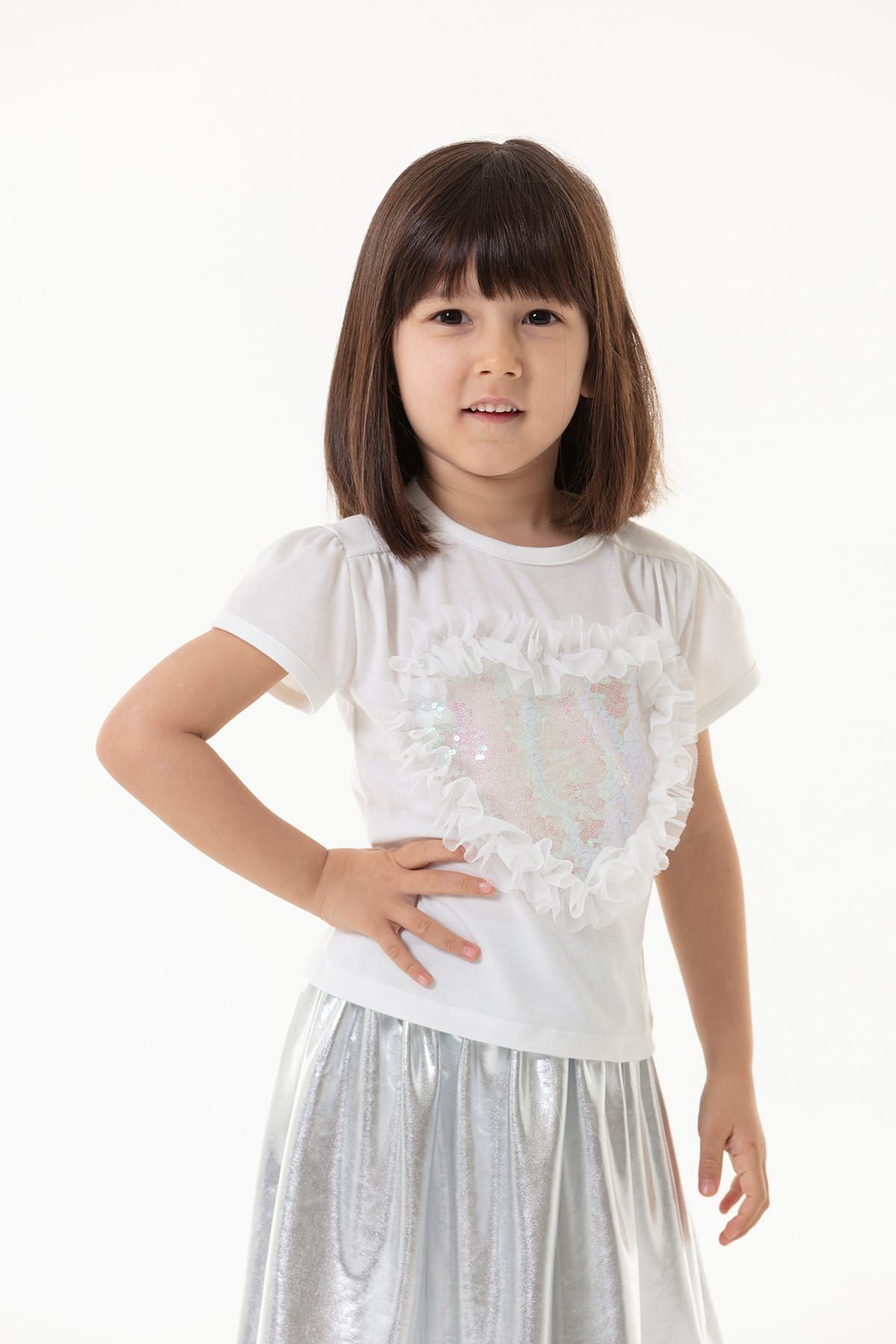 Colorinas Kalp Payet Işlemeli Tütülü Kısa Kol Kız Çocuk Tişört