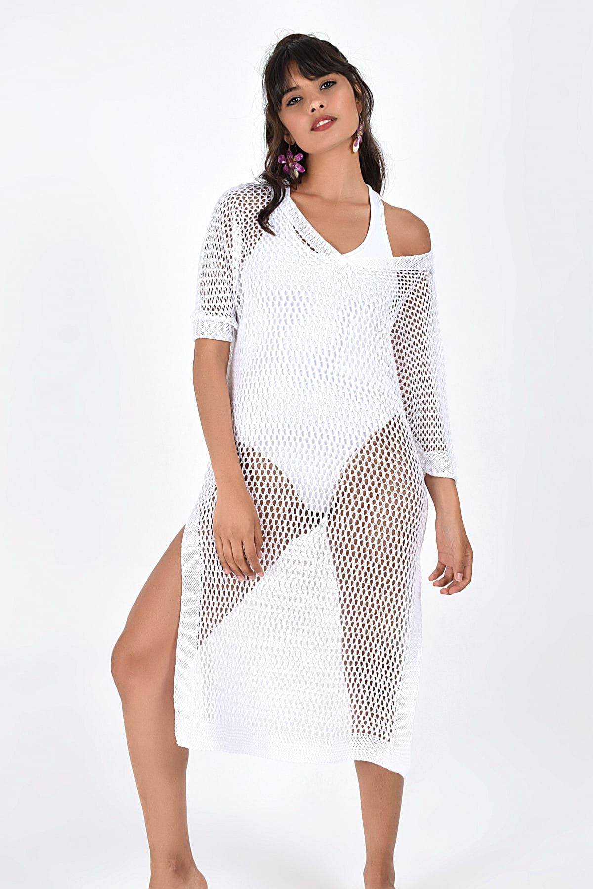 Cool & Sexy Kadın Beyaz File Elbise SMT90