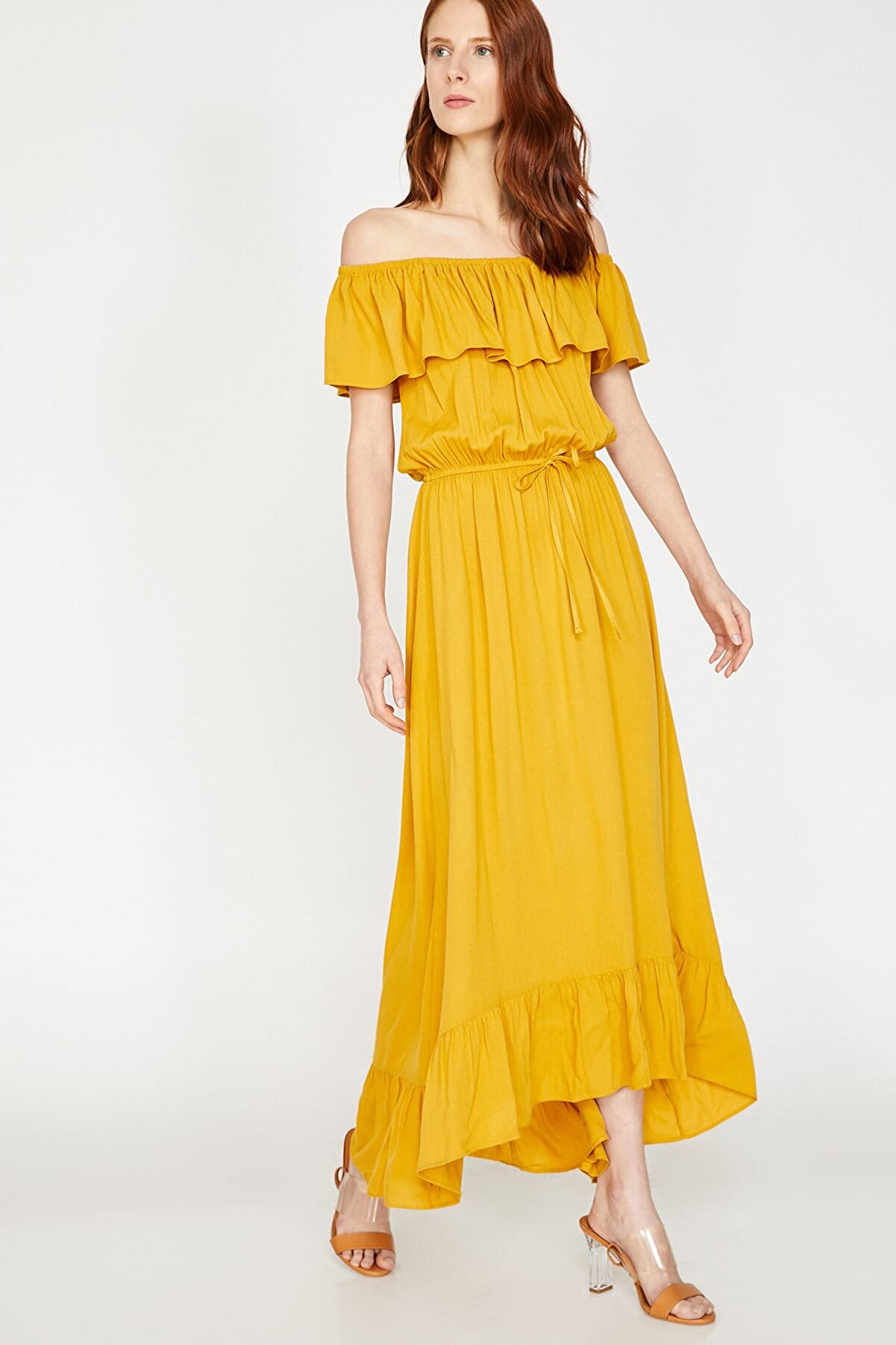 Koton Kadın Sarı Omzu Açık Kısa Kollu Beli Bağlamalı Maxi Elbise 9YAK88103PW