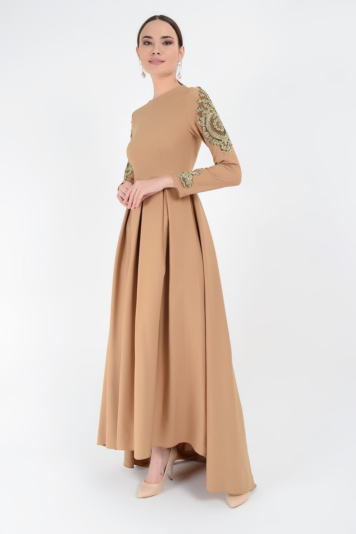 Bym Fashion Kadın Taba Kolu İşlemeli Elbise 3247