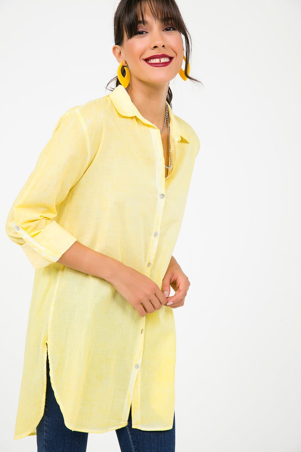 By Saygı Kadın Sarı Yağlı Yıkama Tunik Gömlek S-19Y2800001