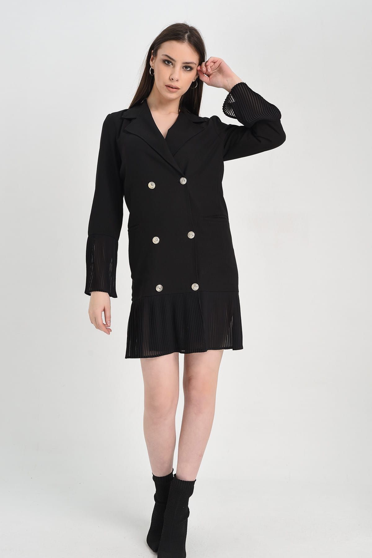 Hanna's Kadın Siyah Kolu Ve Eteği Pilise Detaylı Düğmeli Ceket Elbise Hn1253
