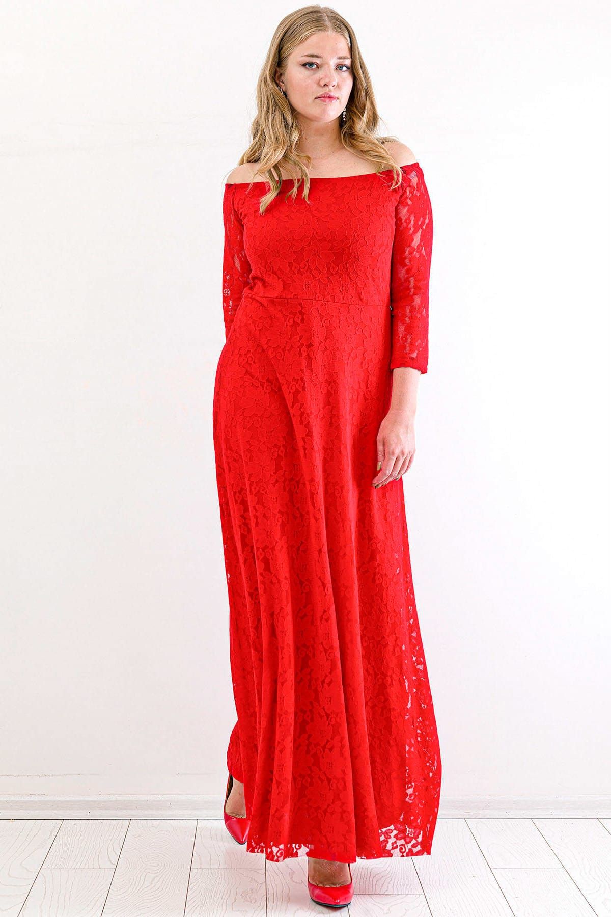 Angelino Kadın Yakası Lastikli Komple Dantel Detay Abiye Mezuniyet Elbisesi KL8400u Kırmızı T109956