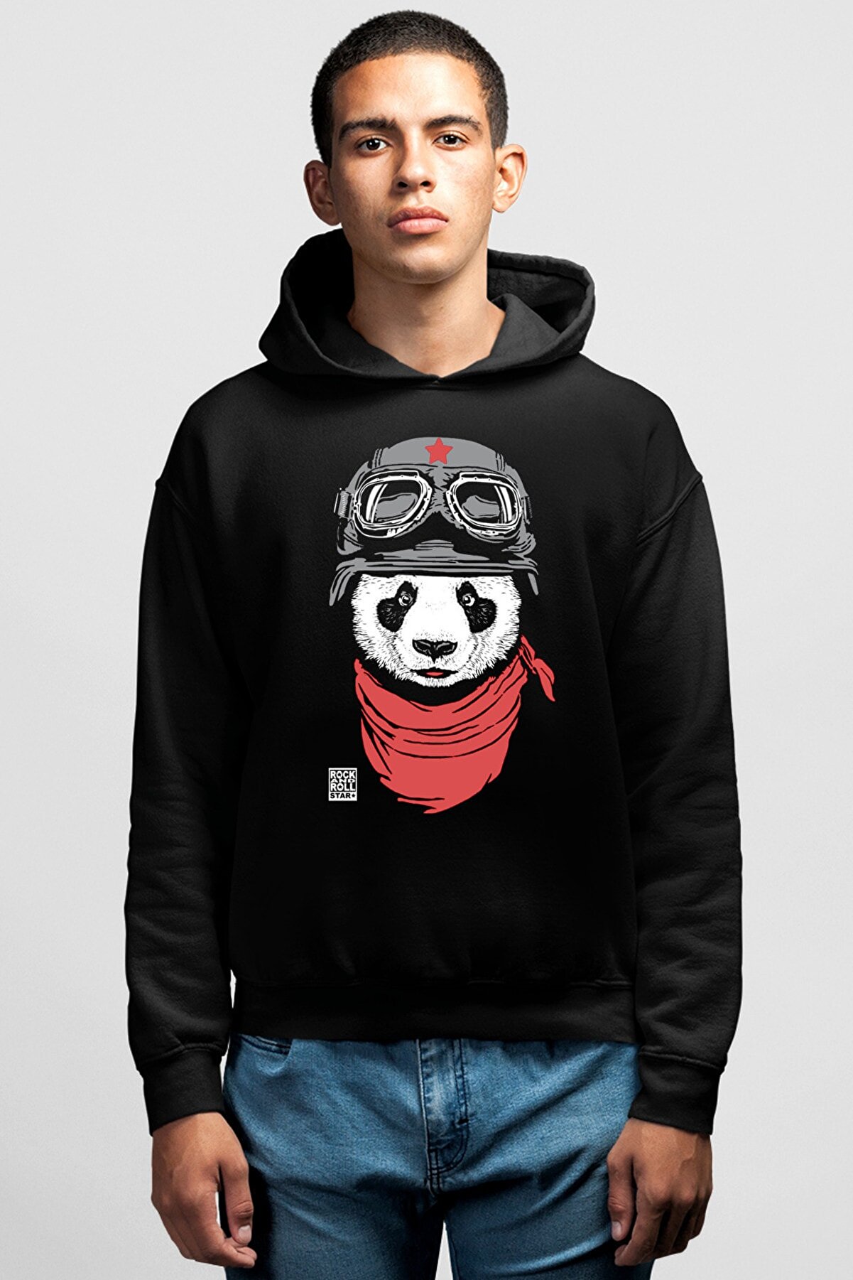 ROCKANDROLL Bandanalı Panda Siyah Kapşonlu Erkek Sweatshirt