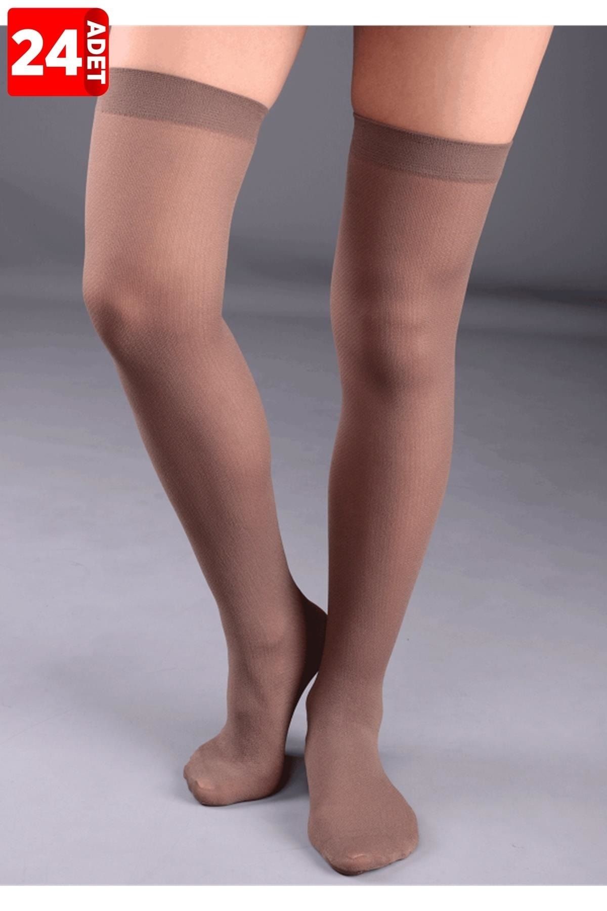 Öğretmen Kadın Kahverengi Kalın Jartiyersiz Dizüstü Çorap 24'Lü Paket