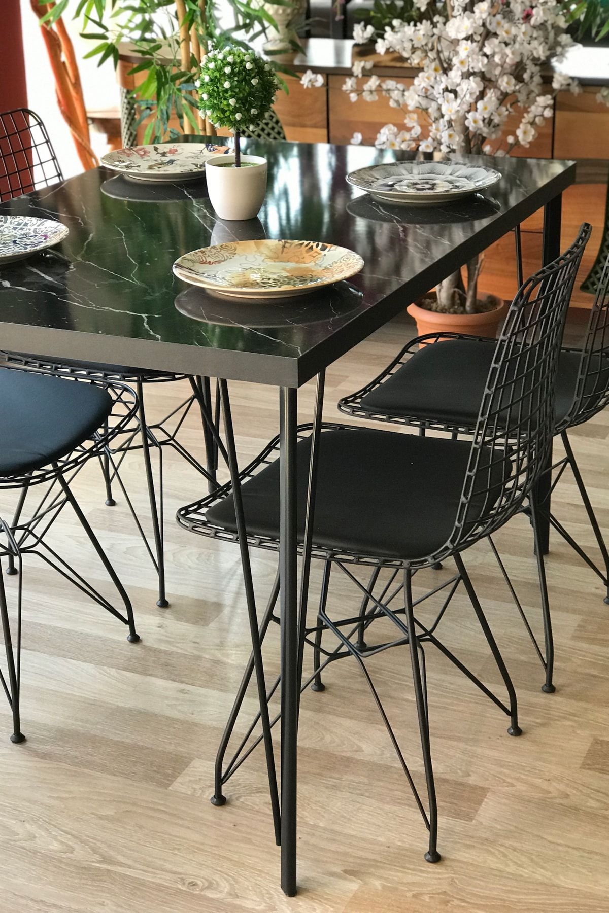 TEHOME Siyah Mermer Desenli 110 cm Masa takımı Dört