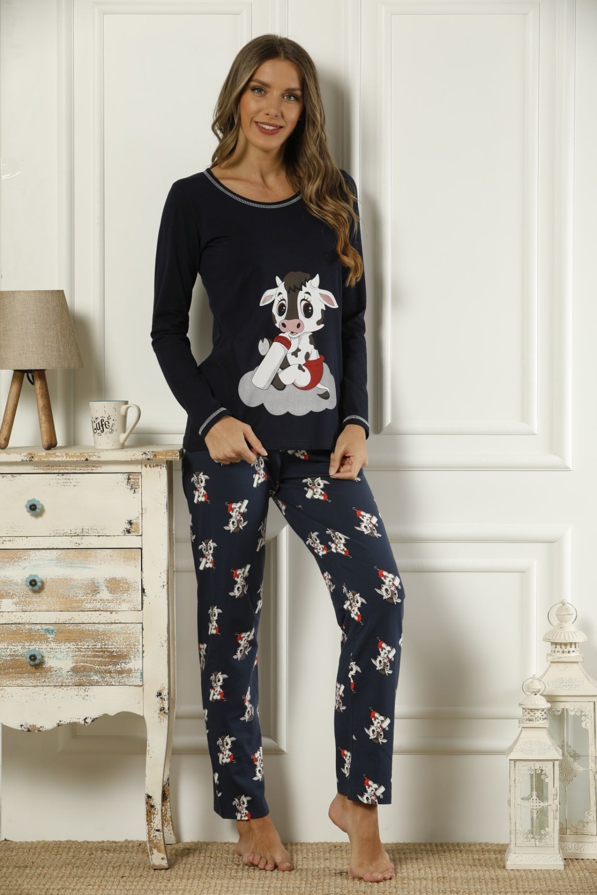 Siyah İnci Kadın Desenli Pamuklu Likralı Pijama Takım