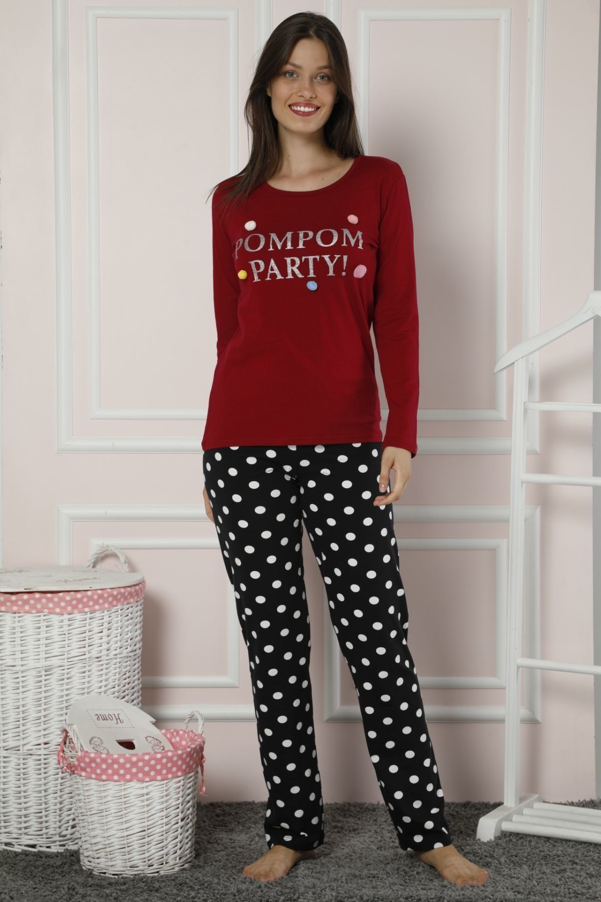 Siyah İnci Kadın Desenli Dantelli Pamuklu Likralı Pijama Takım