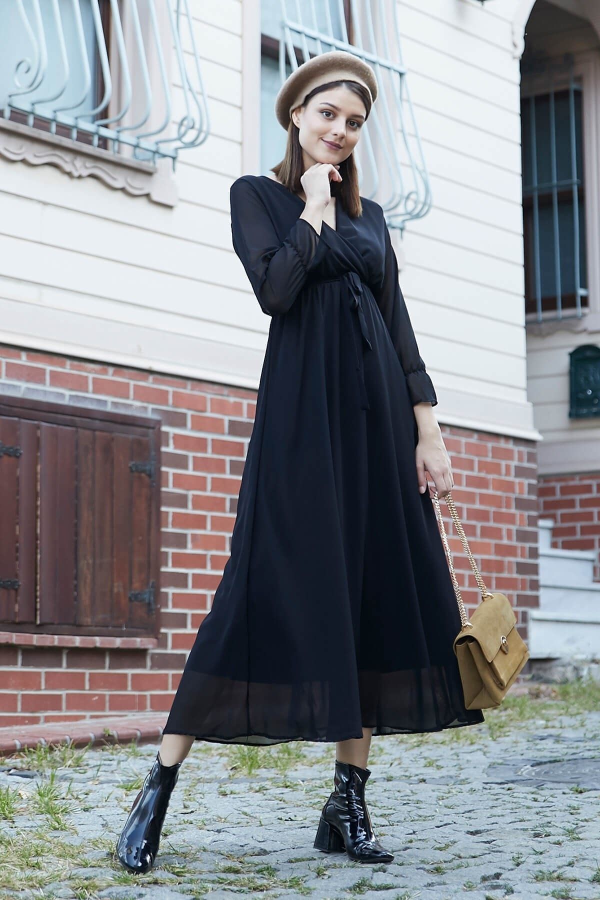 Femme Butik Kadın Siyah Kruvaze Şifon Elbise FM5610