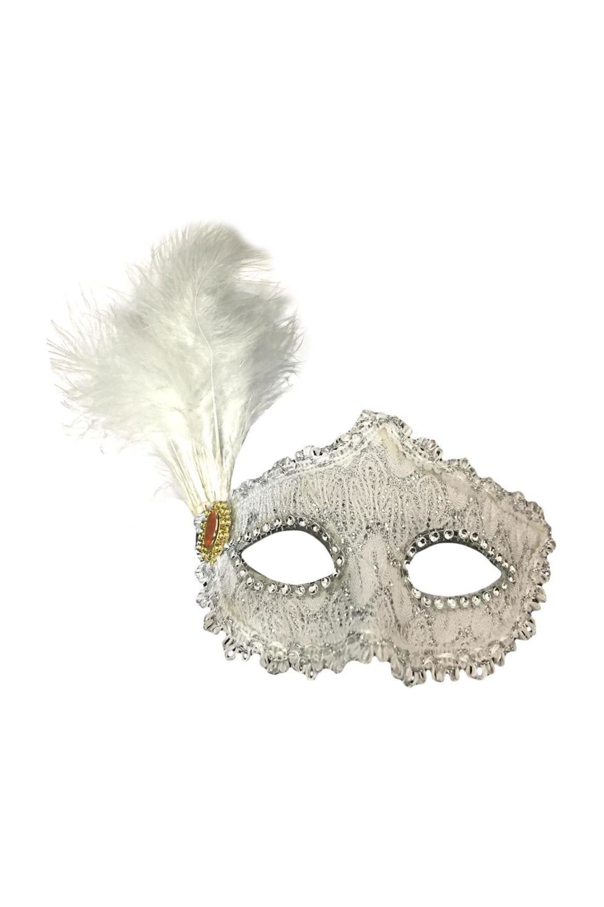 Parti Dolabı Beyaz Tüylü Kadın Parti Balo Göz Maskesi Dantelli, Venedik