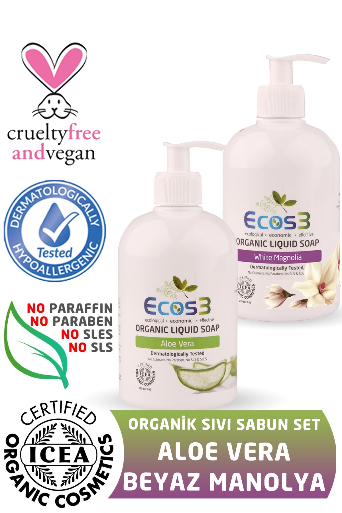 Ecos3 Organik Sıvı Sabun Aloevera + Beyaz Manolya (2 X 500 ml)