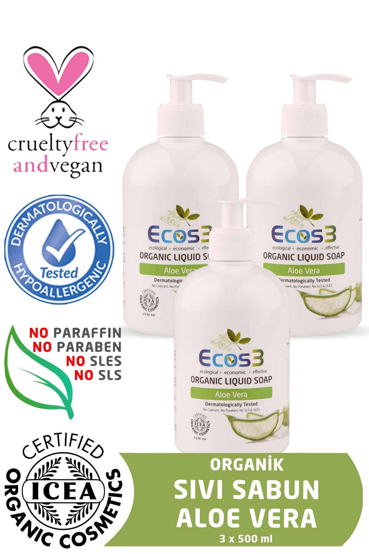 Ecos3 Organik Sıvı Sabun Aloevera 3'lü Set (3 X 500 ml)