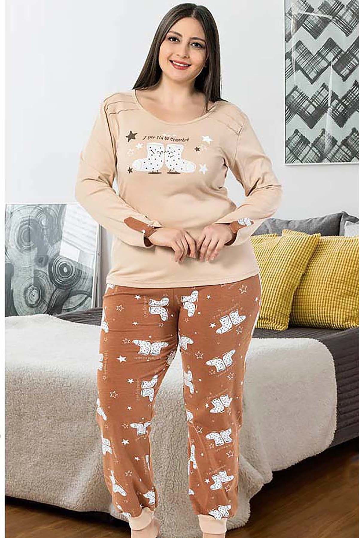 IŞIK Kadın Kahve Rengi Büyük Beden Baskılı Kişlik Pijama Takımı