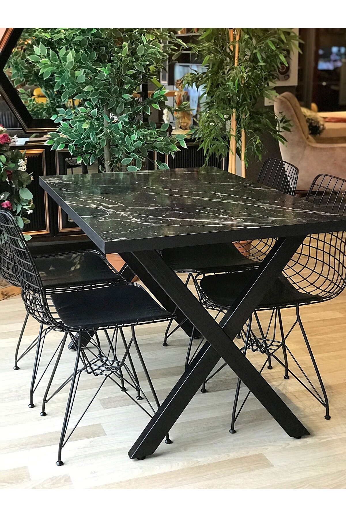 TEHOME X Ayak Pera Masa + 4 Sandalye siyah mermer 12080 Fiyatı