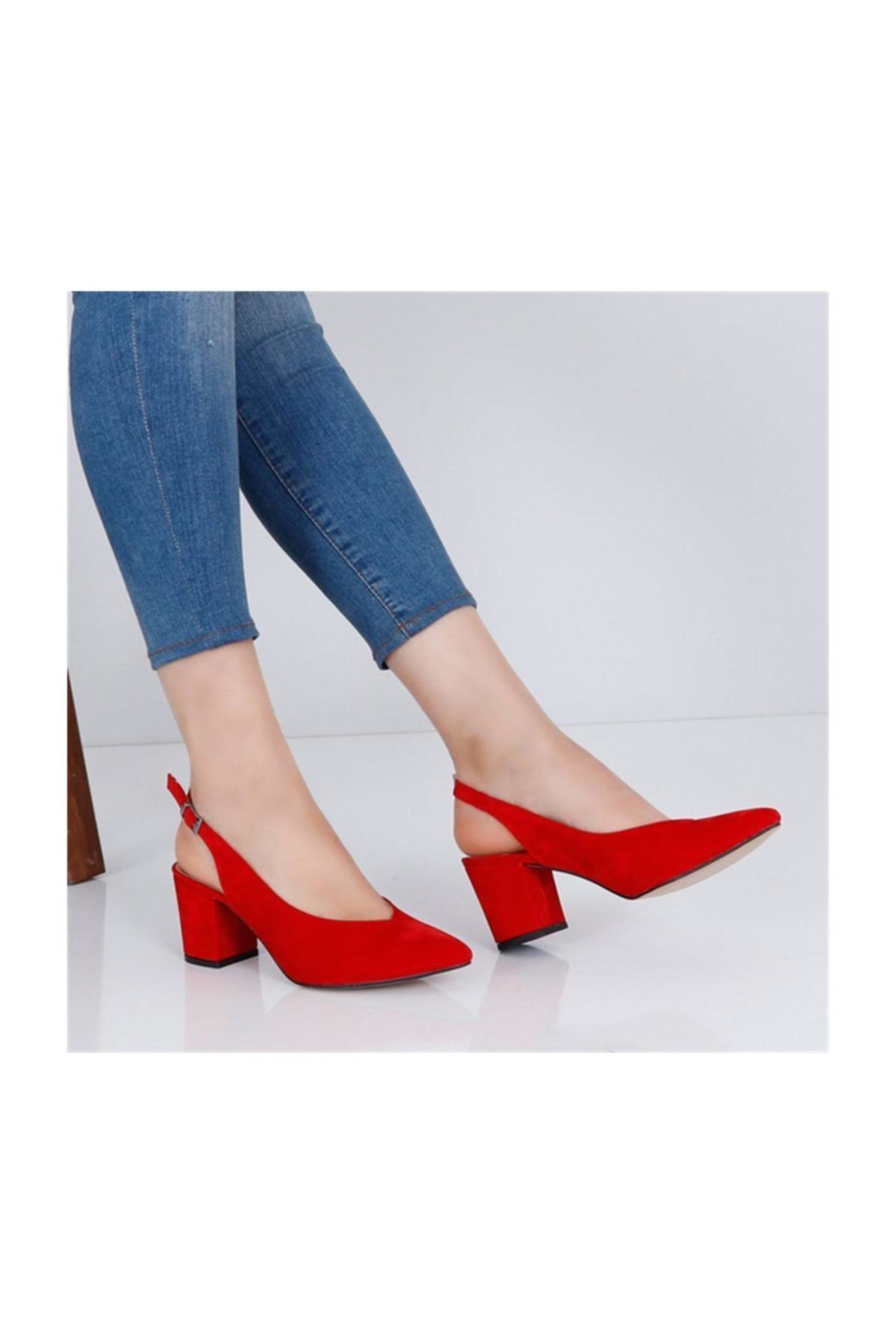 AYAKKABIBU Kırmızı Süet Kalın Topuklu Kadın Ayakkabı Cv111y