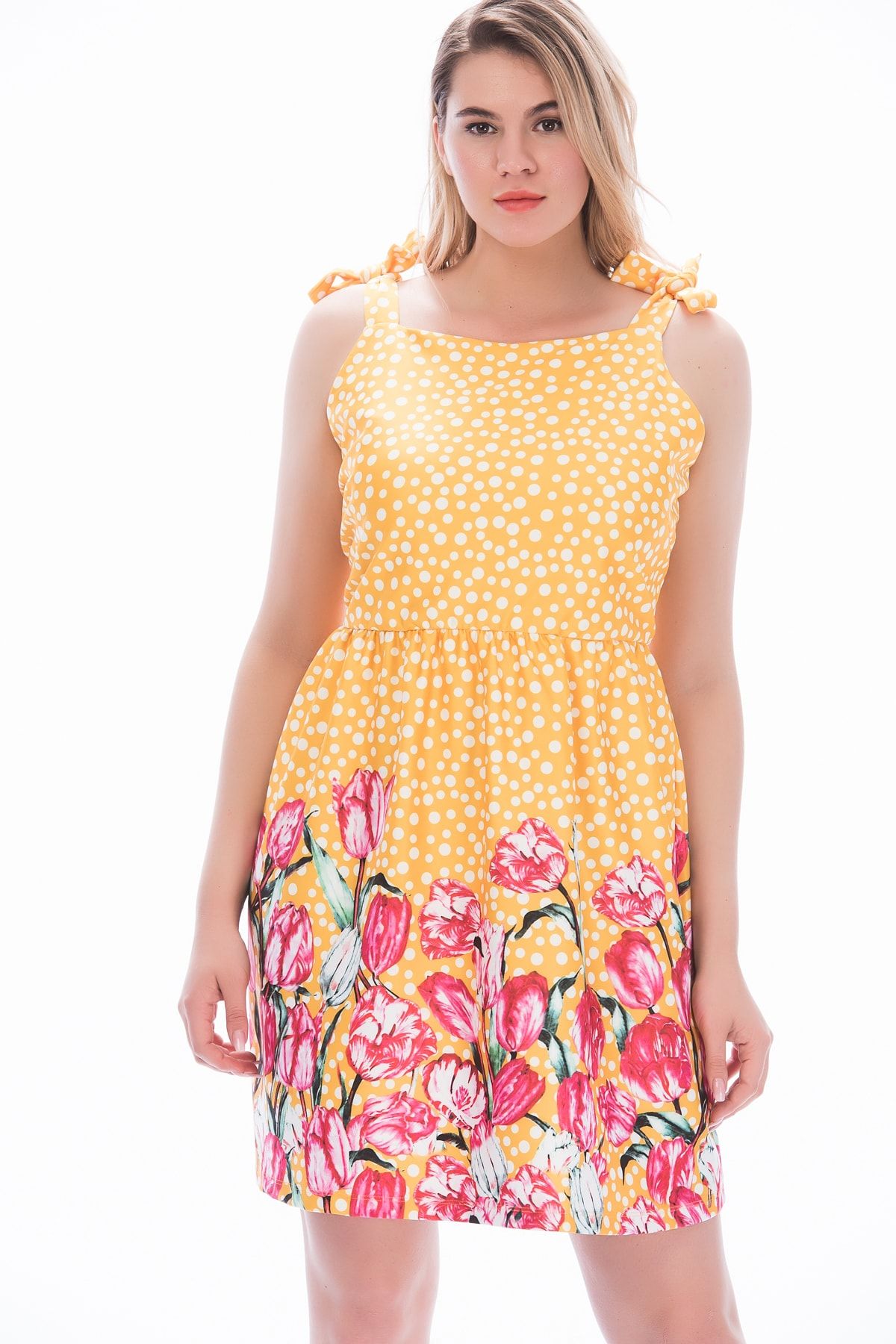 Şans Kadın Sarı Puan Desenli Elbise 65n13882