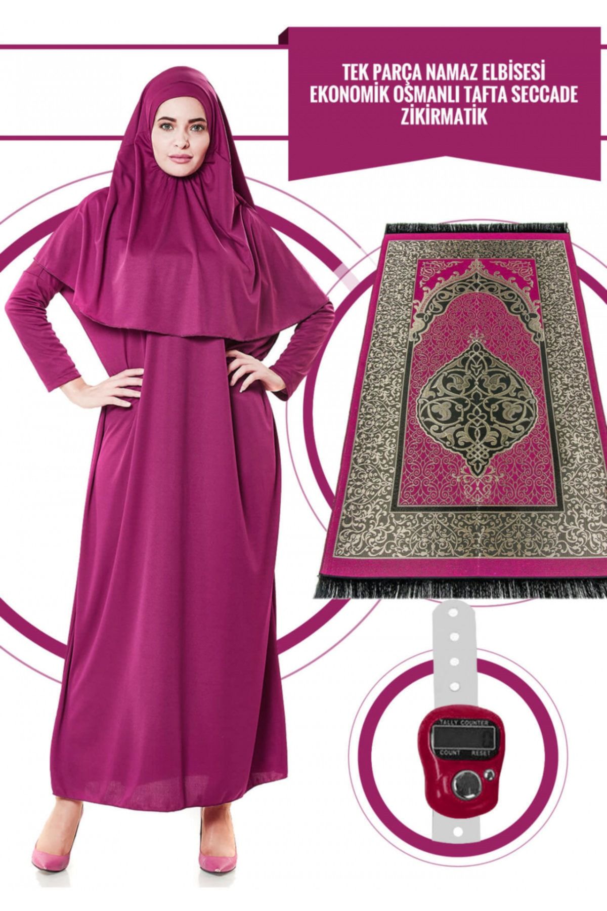 İhvan Fuşya Tek Parça Kadın Elbise 5015 & Seccade & Zikirmatik Üçlü Takım-1120