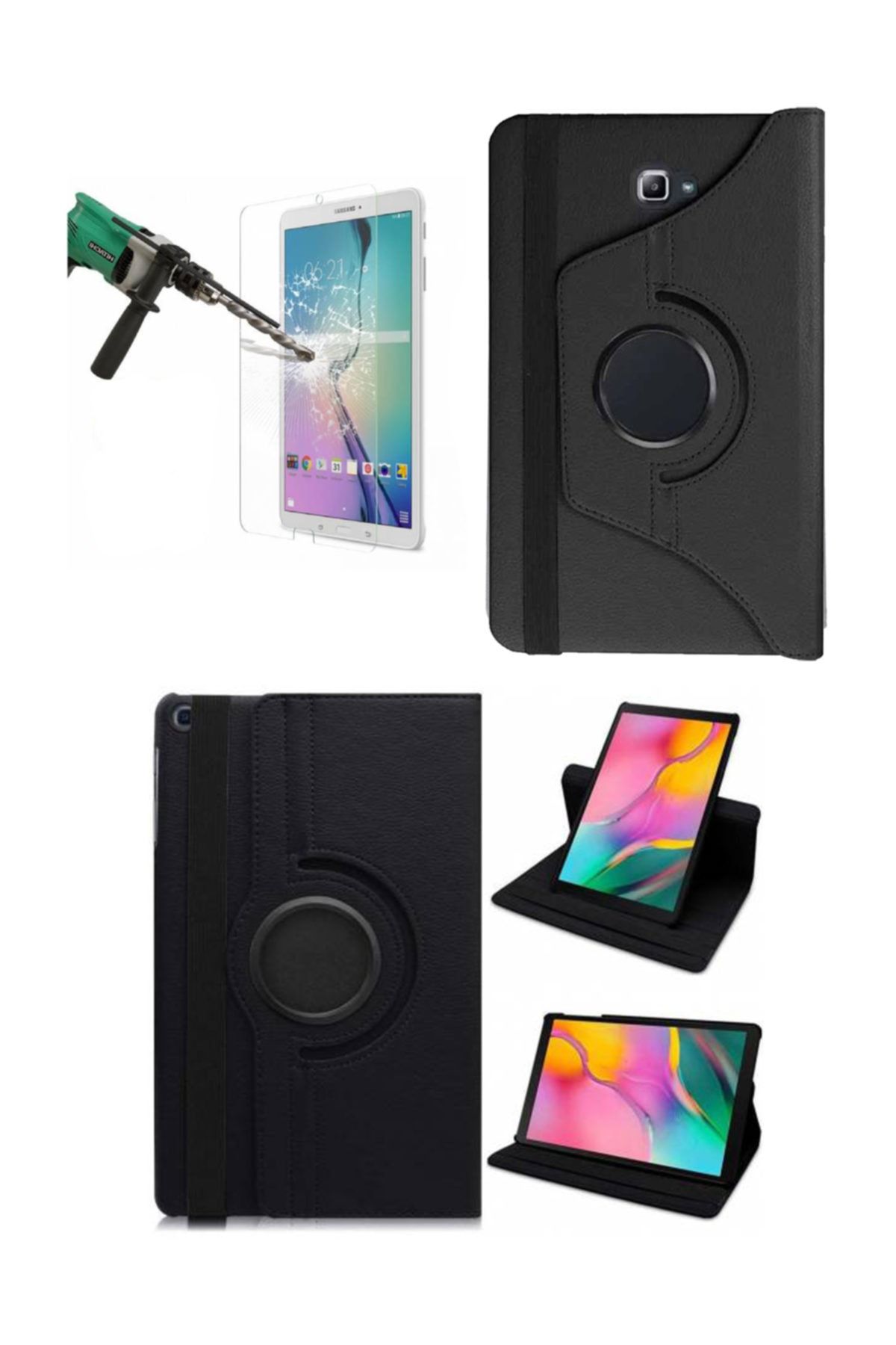 GoGoPlus Samsung Galaxy Tab E 9.6 Inç Sm Dönebilen Tablet Kılıfı + Kırılmaz Cam (siyah)