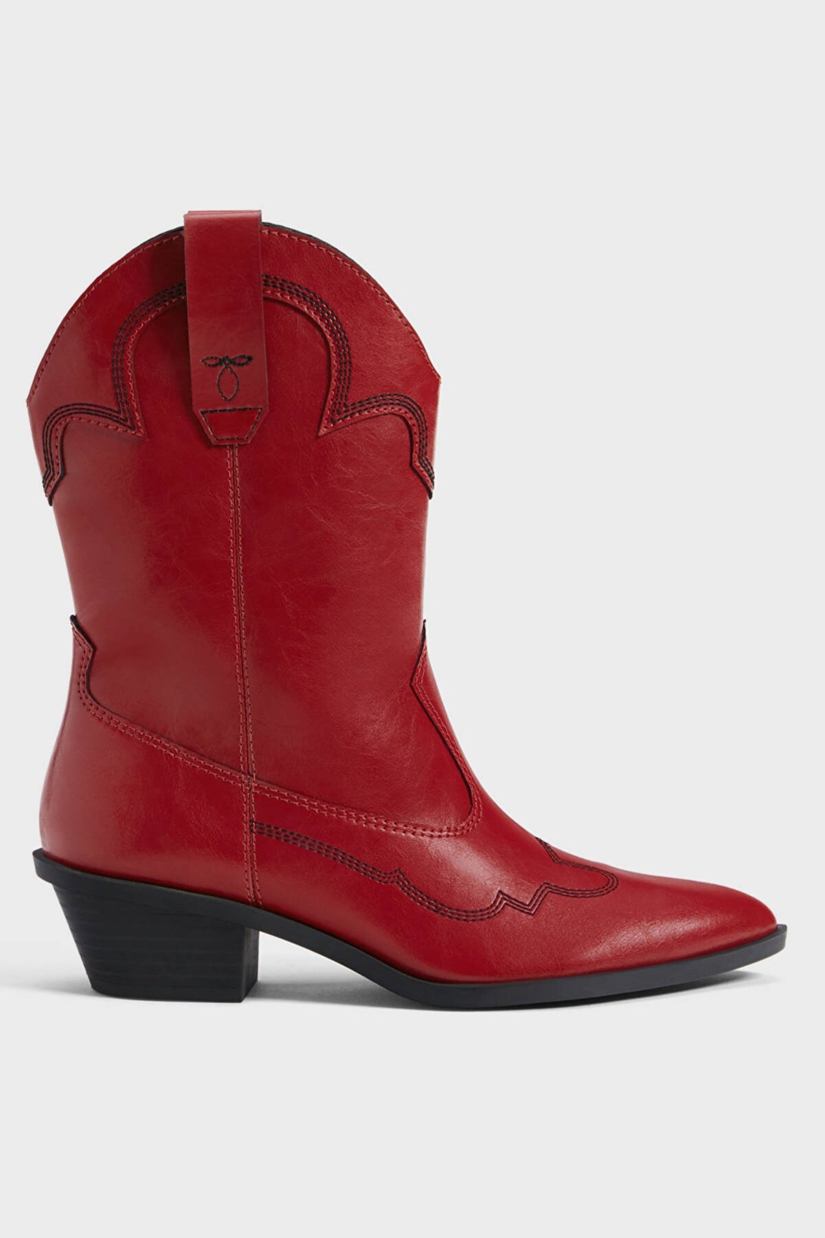 Bershka Kadın Kırmızı Üst Dikişli, Yüksek Topuklu, Bilekte Kovboy Çizmesi 11000560