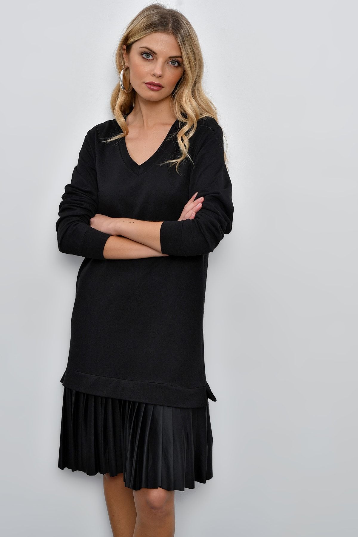 Cool & Sexy Kadın Siyah Eteği Suni Deri Sweat Elbise ST431