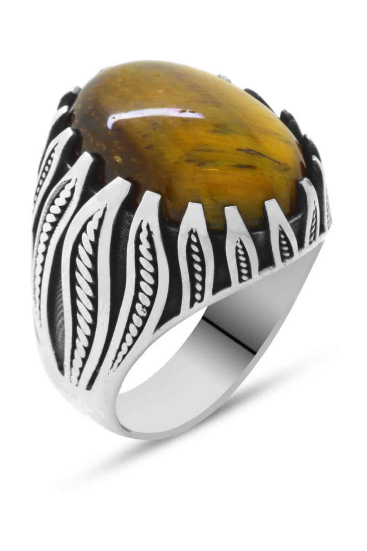 Tesbihane Kaplangözü Taşlı Alev Tasarım 925 Ayar Gümüş Kızılderili Yüzüğü