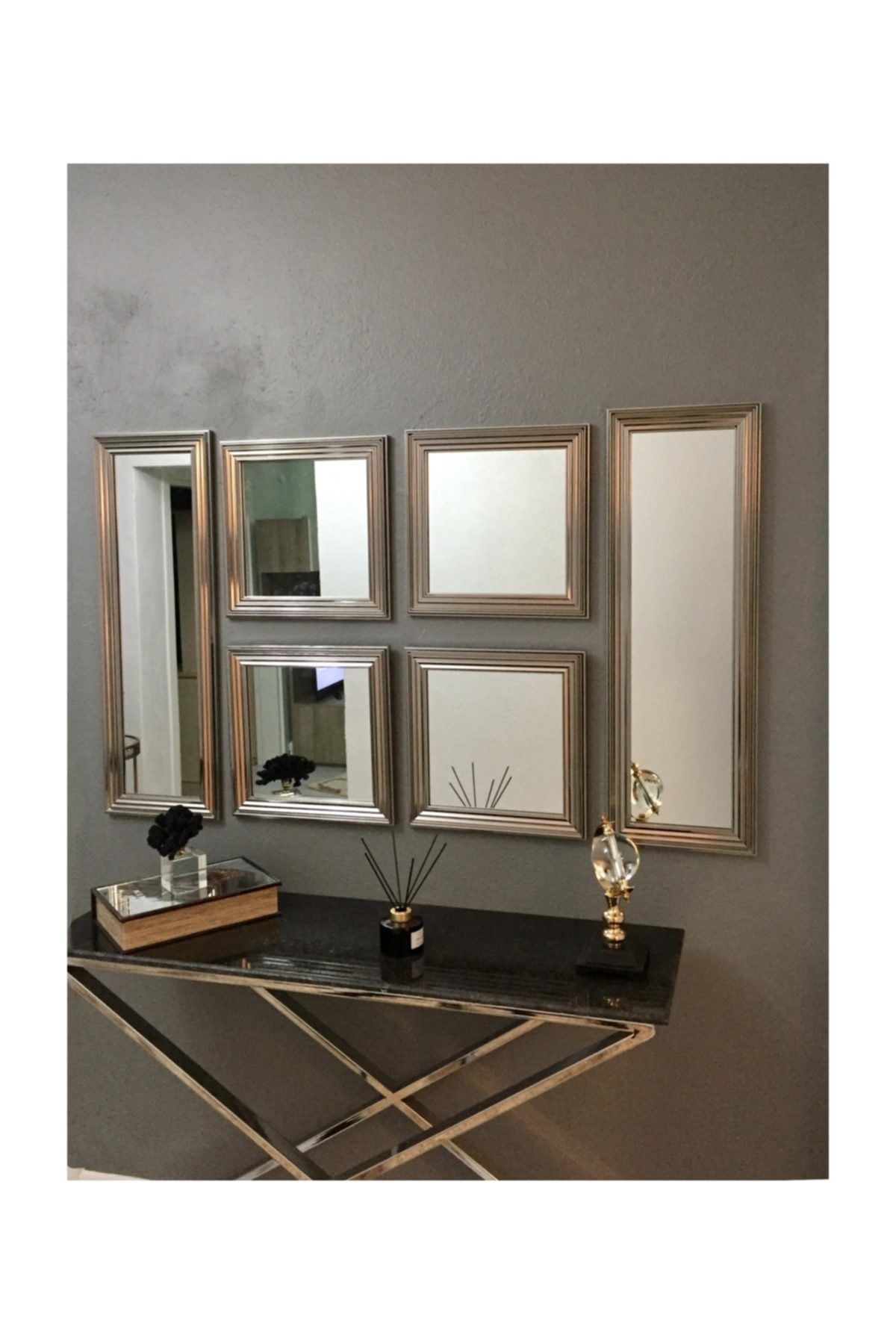 MONEayna 6'lı Gümüş Çerçeveli Dekoratif Salon Ofis Aynası O234t