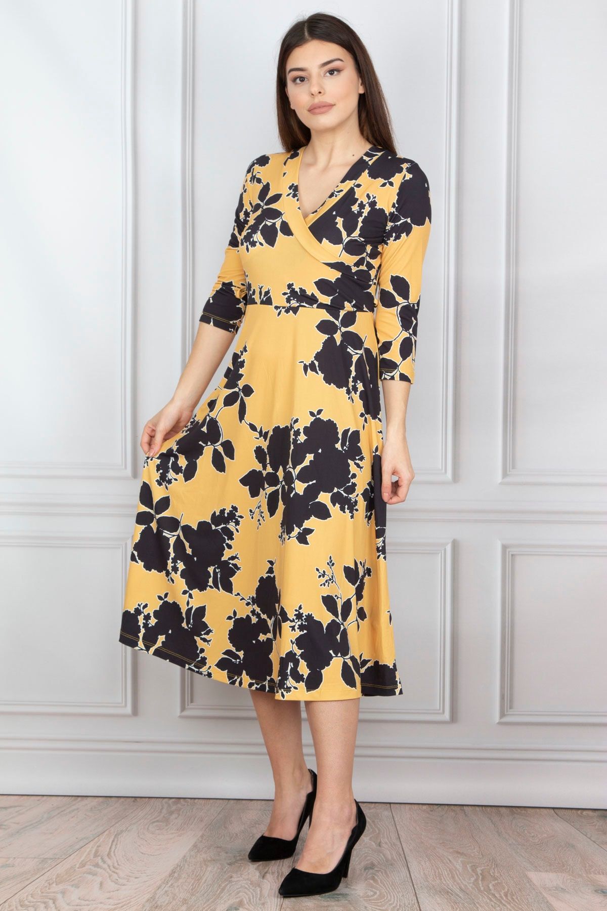 Şans Tekstil Kadın Sarı Anvelop Yaka Kuşak Detaylı Elbise 26n12136 26n12136