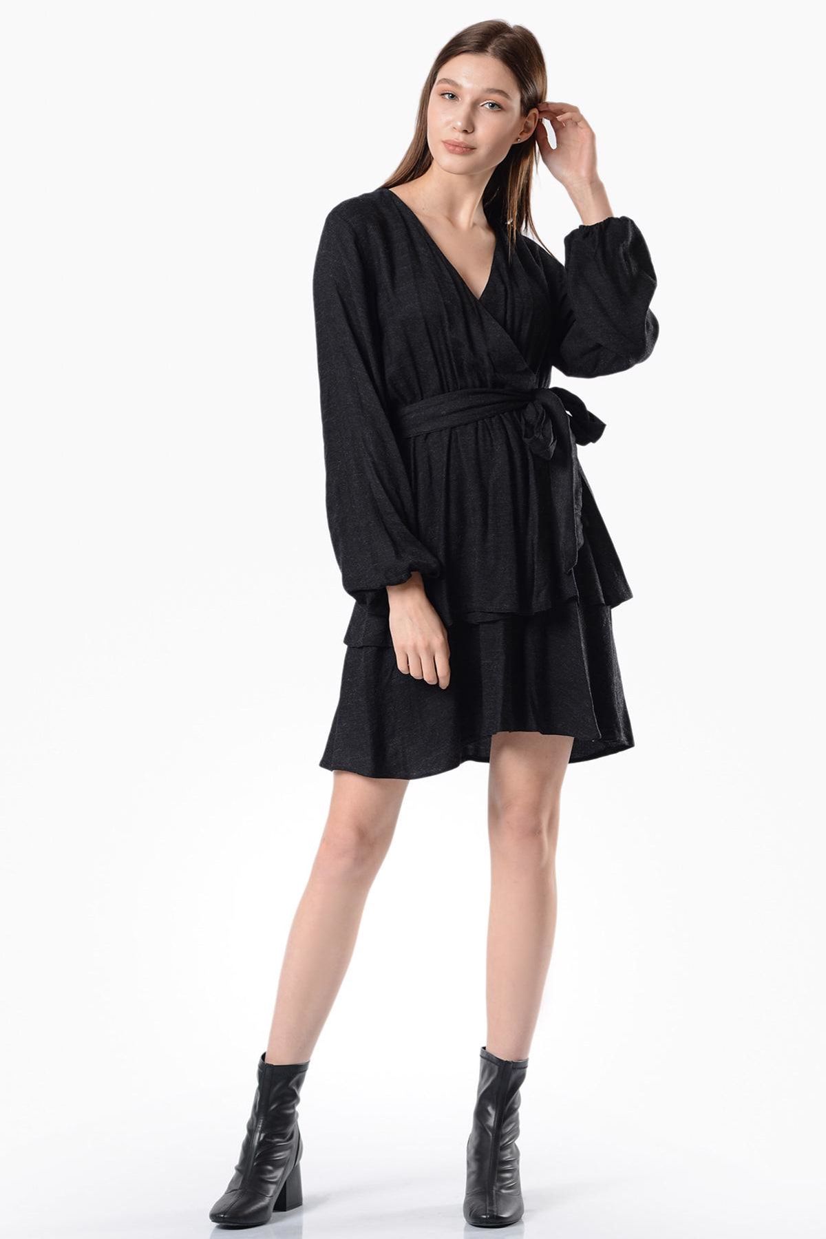 İroni Kadın Siyah Kruvaze Mini Elbise 5312-1335AZ