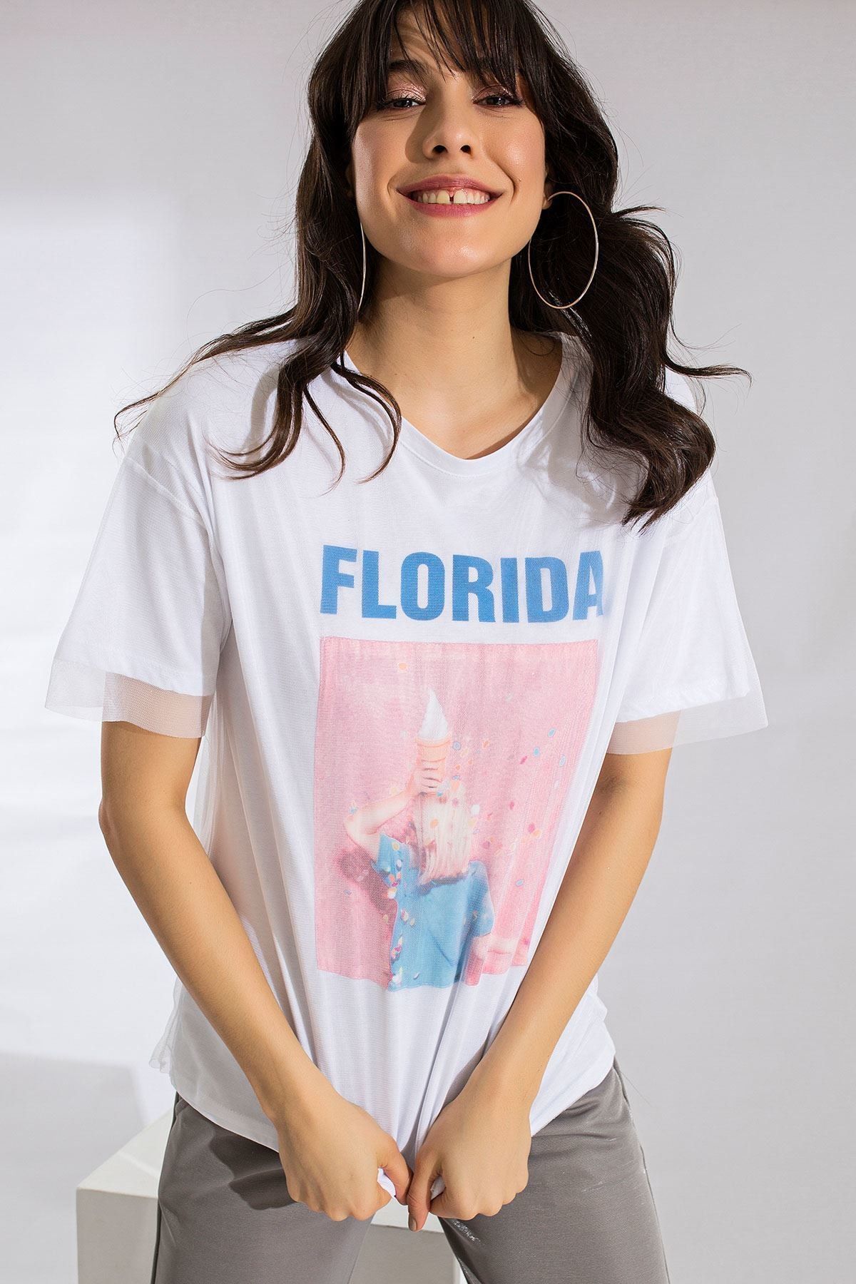 Mispacoz Kadın FLORIDA Sloganlı Kol Uçları Tül Tişört - Beyaz MP9Y-TSH0071