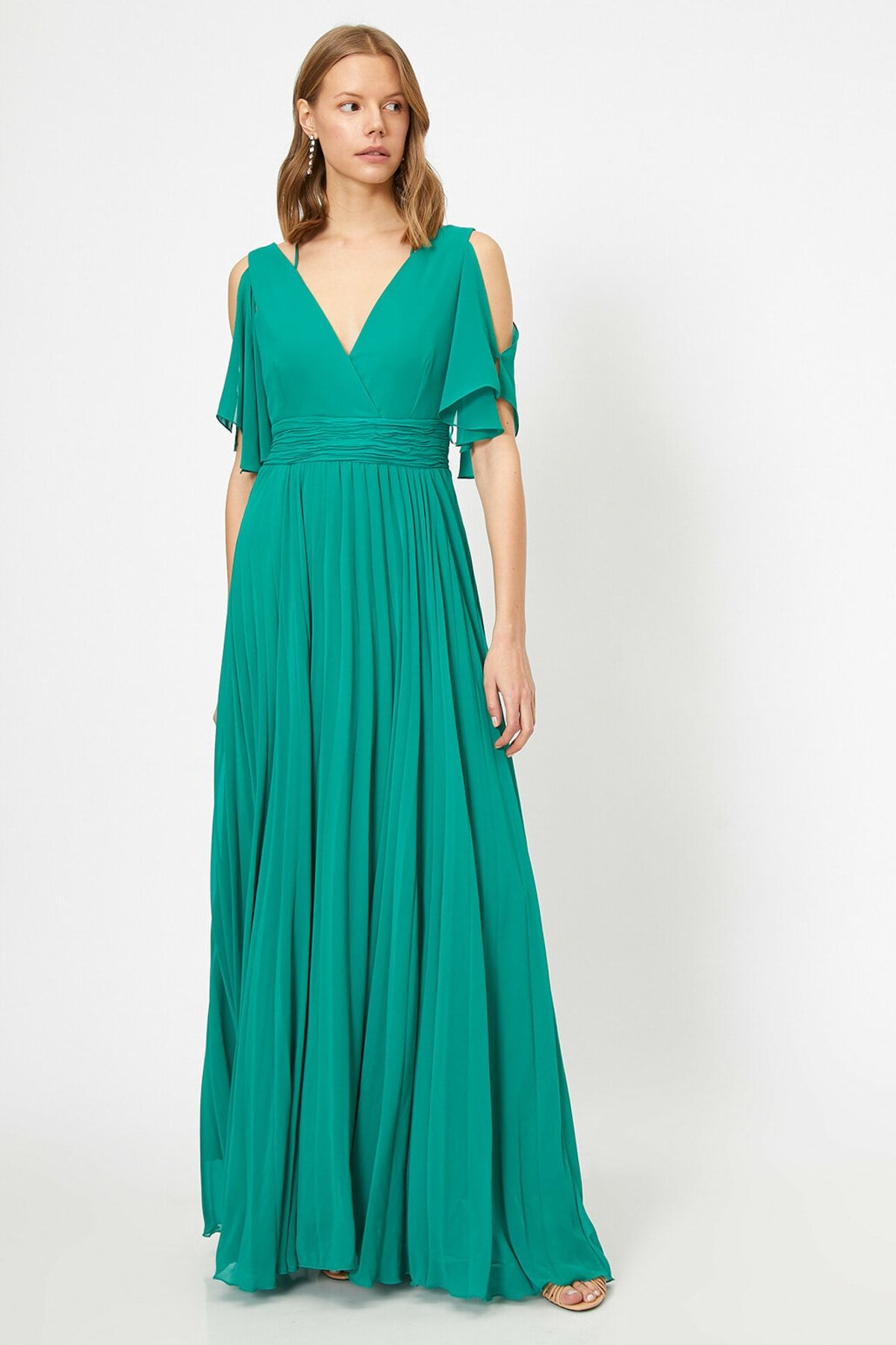 Koton Kadın Yeşil Sifon Elbise Abiye Volanli V Yaka Sirt Detayli Uzun