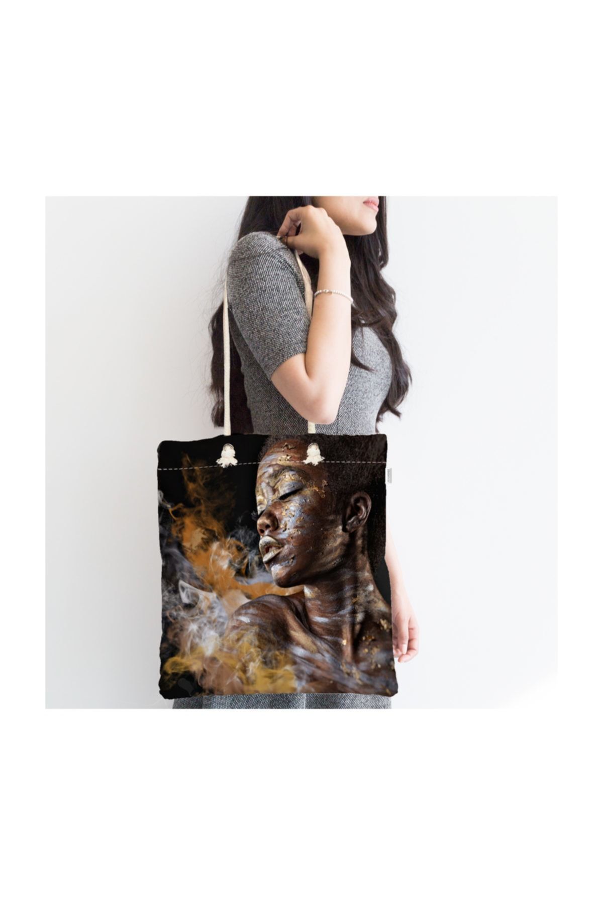 Realhomes African Woman Etnik Desenli Dijital Baskılı Fermuarlı Kumaş Çanta  Canta-3338