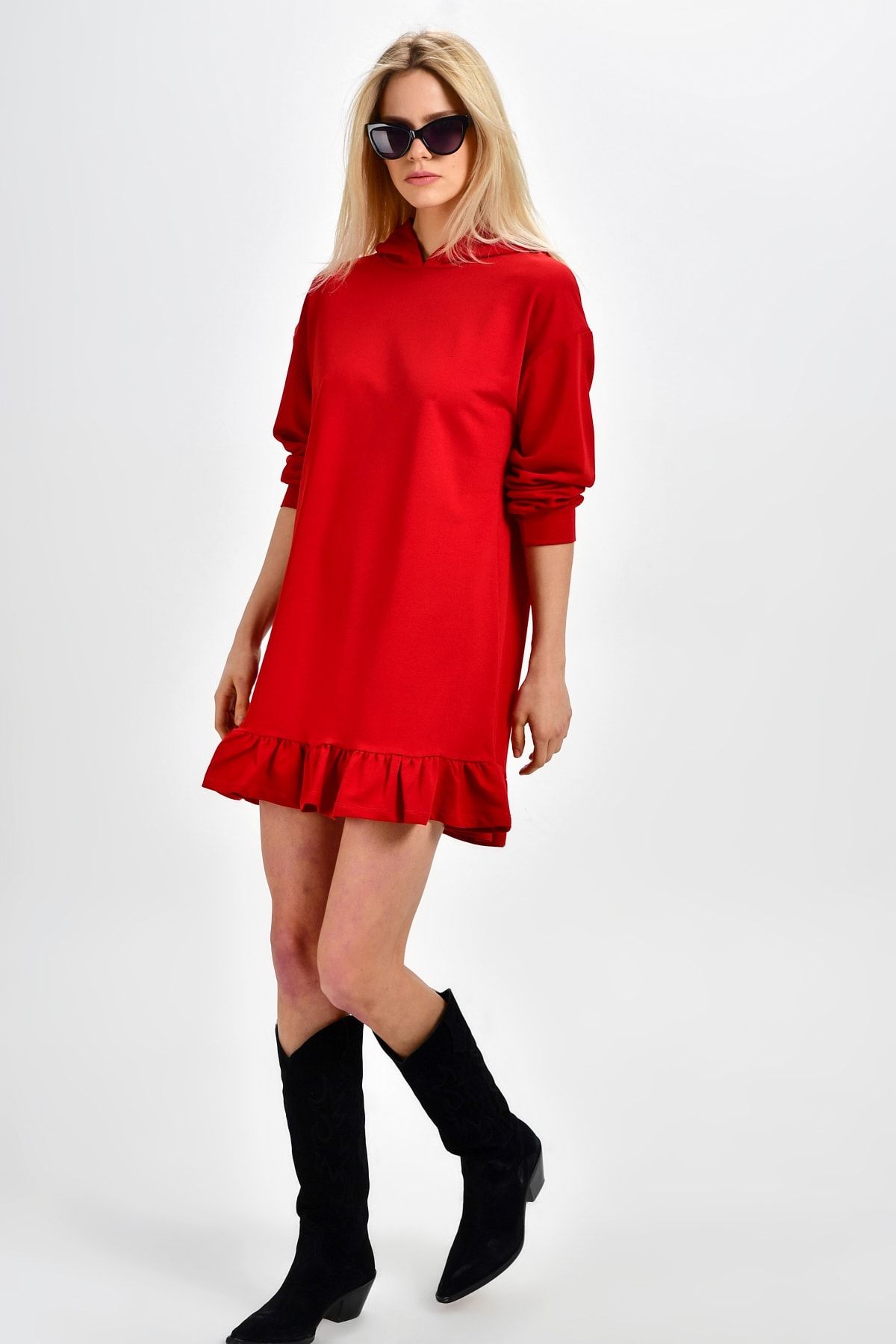 Cool & Sexy Kadın Kırmızı Eteği Volanlı Kapüşonlu Sweat Elbise B69