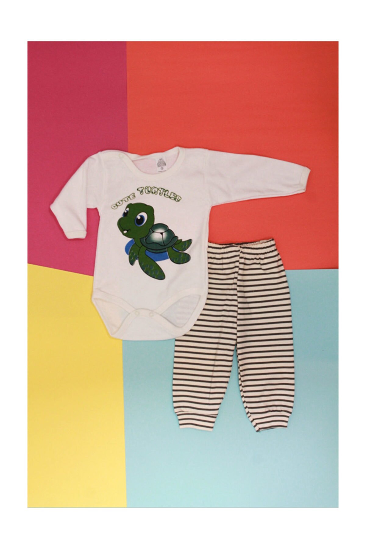 Moda Mistik Kaplumbağa Basklılı Erkek Bebek Çıtçıtlı Badi + Alt Takım Haki Çizgili
