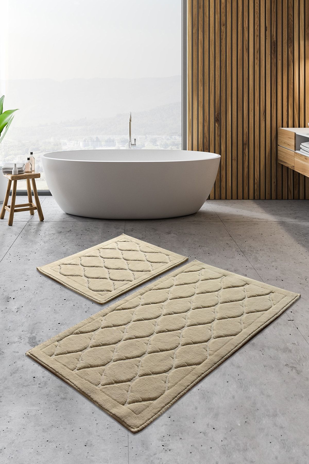 Chilai Home Dante Cotton Bej 2 Li Set Banyo Halısı Yıkanabilir, Kaymaz Taban