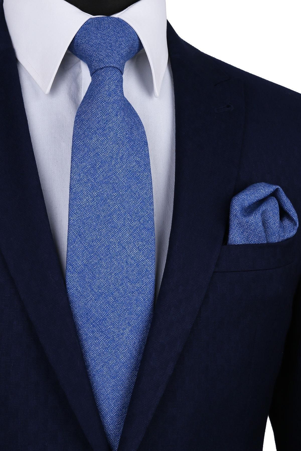 Kravatkolik Mavi Yün Mendilli Klasik Kravat